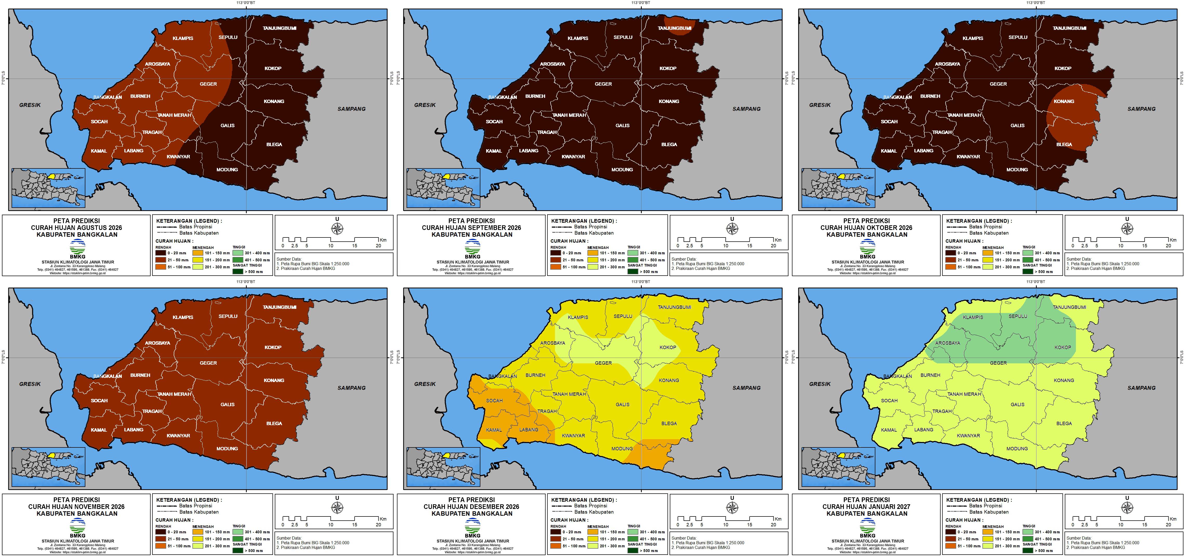 ( Prakiraan - Bulanan ) Curah Hujan di Kabupaten Bangkalan untuk 6 bulan ke Depan