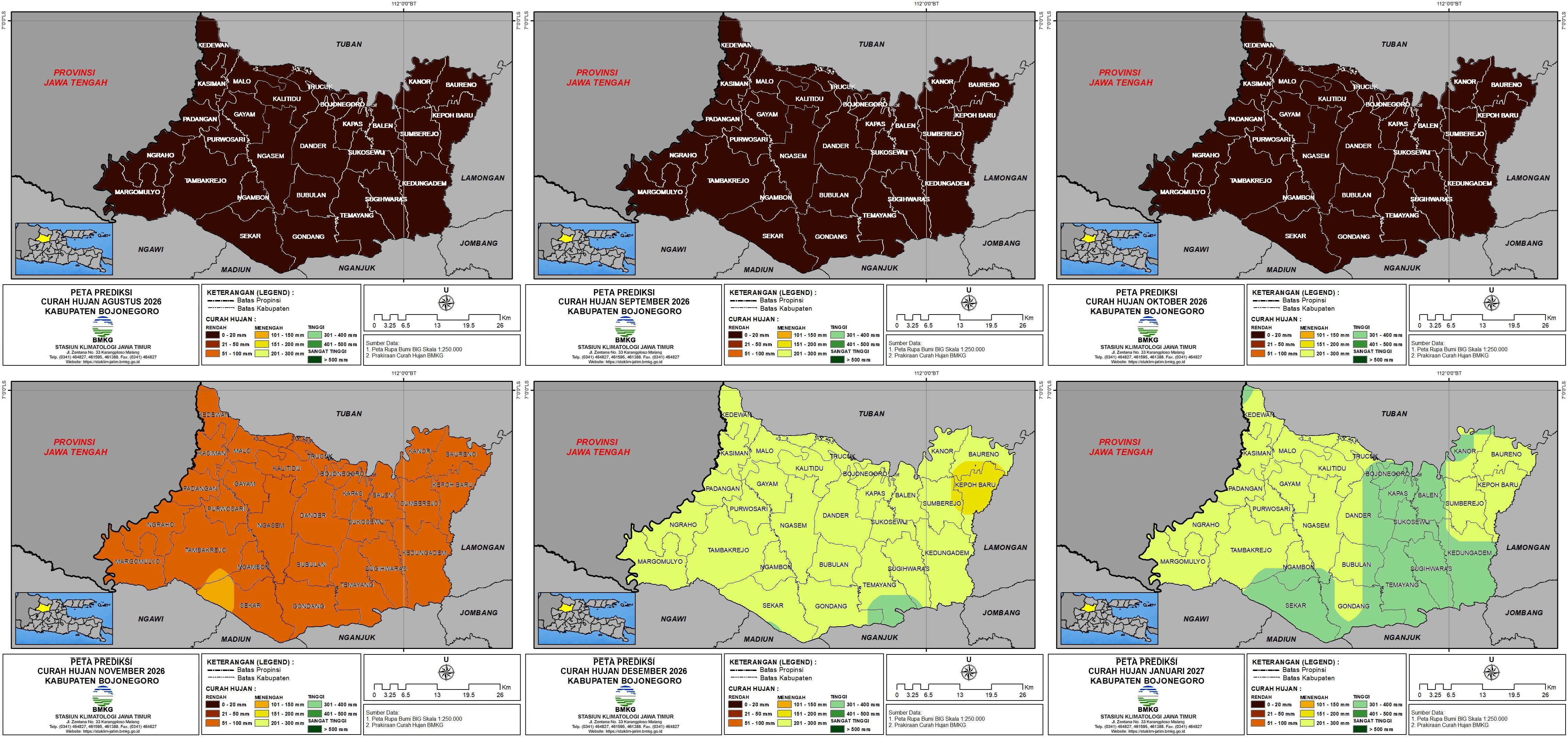 ( Prakiraan - Bulanan ) Curah Hujan di Kabupaten Bojonegoro untuk 6 bulan ke Depan