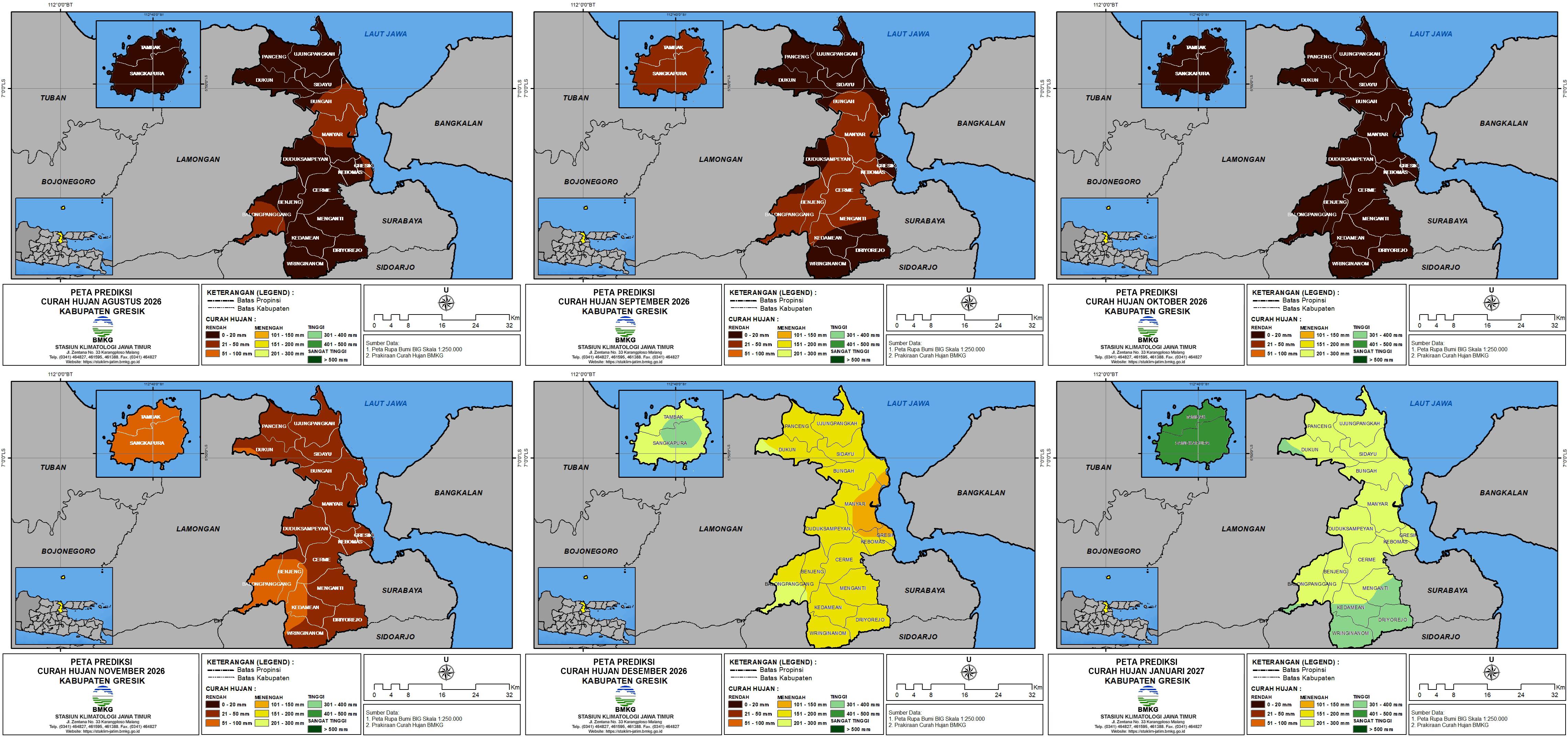 ( Prakiraan - Bulanan ) Curah Hujan di Kabupaten Gresik untuk 6 bulan ke Depan