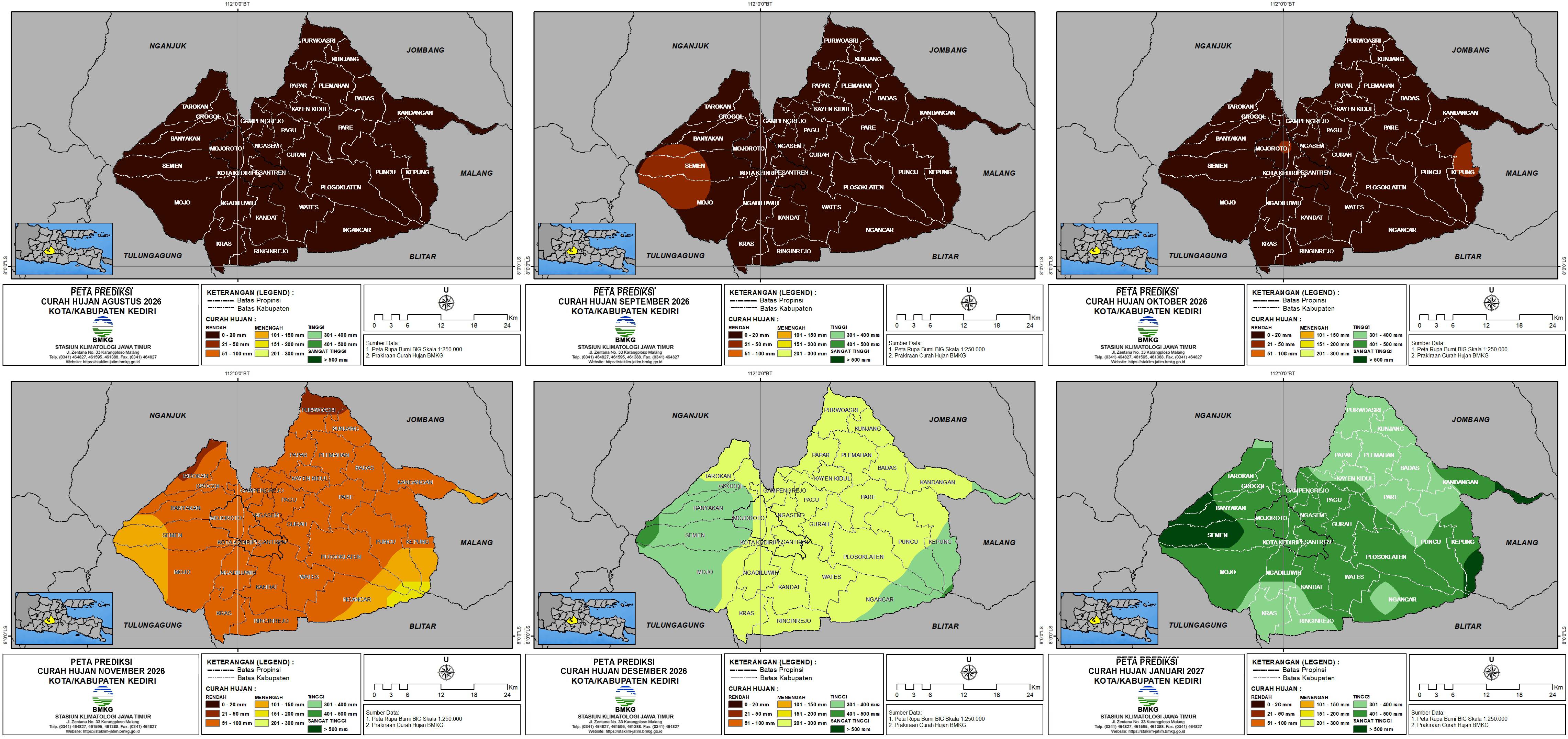 ( Prakiraan - Bulanan ) Curah Hujan di Kota / Kabupaten Kediri untuk 6 bulan ke Depan