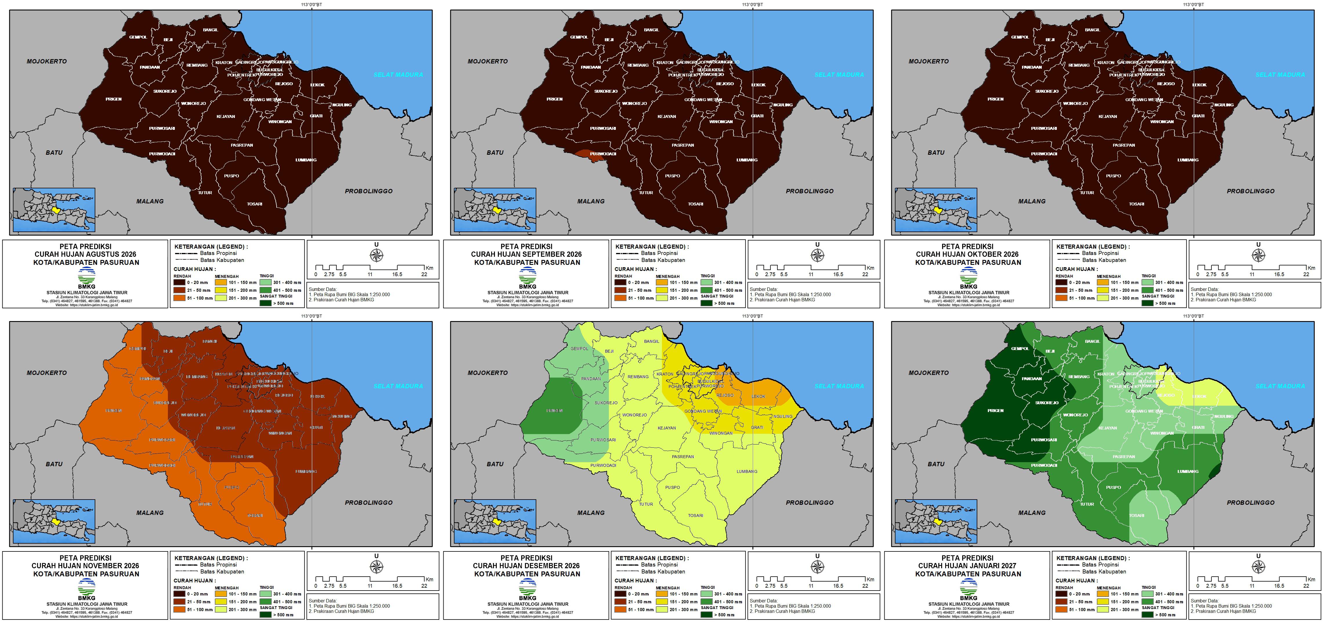 ( Prakiraan - Bulanan ) Curah Hujan di Kota / Kabupaten Pasuruan untuk 6 bulan ke Depan