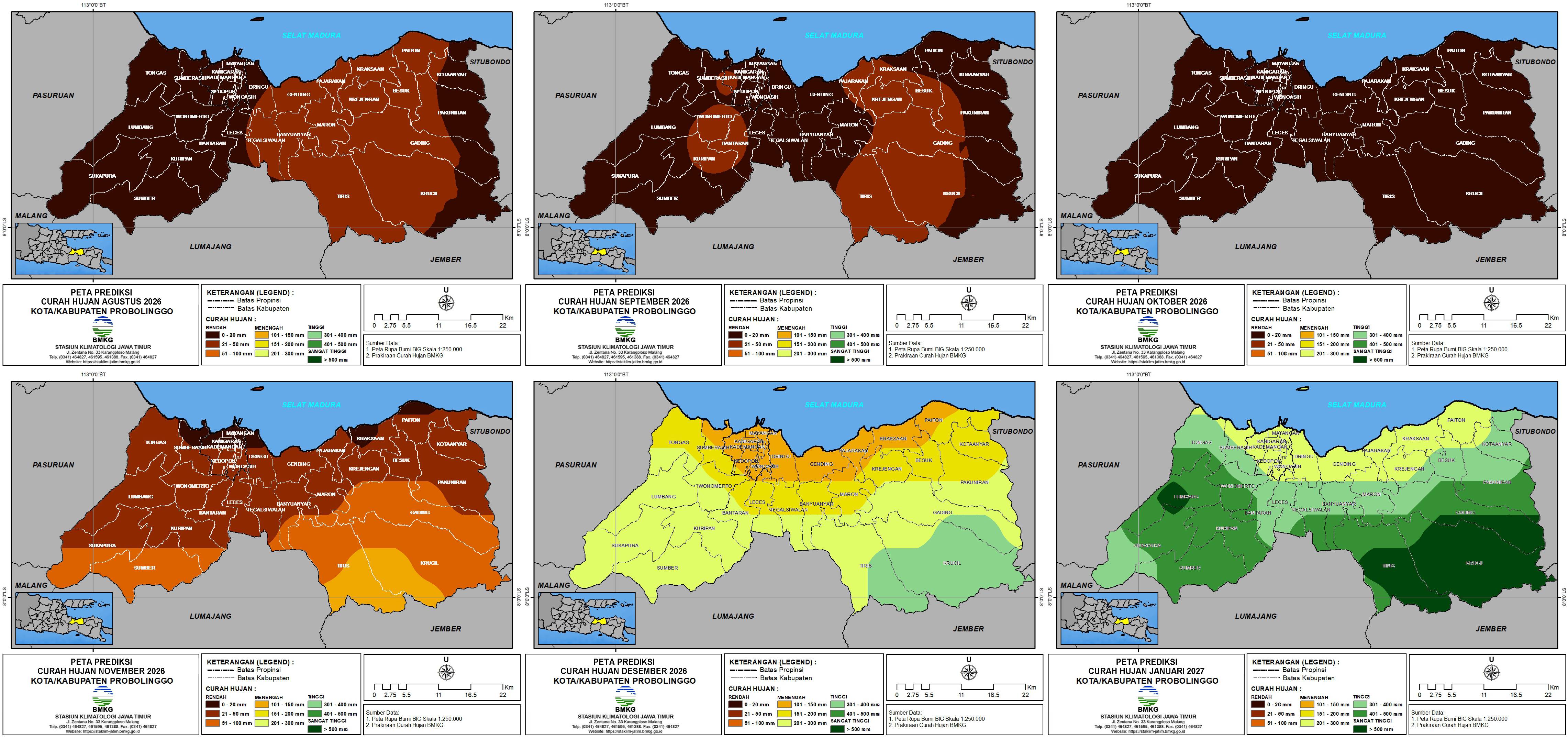 ( Prakiraan - Bulanan ) Curah Hujan di Kota / Kabupaten Probolinggo untuk 6 bulan ke Depan