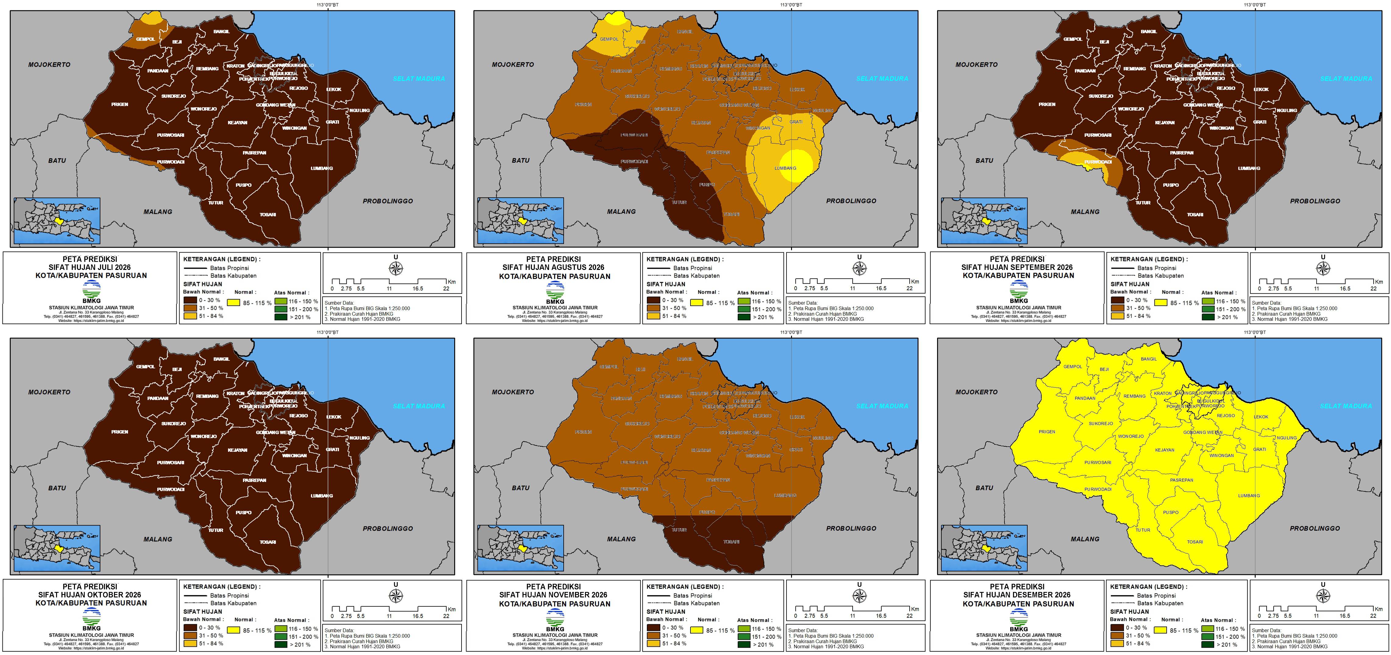 ( Prakiraan - Bulanan ) Sifat Hujan di Kota / Kabupaten Pasuruan untuk 6 bulan ke Depan