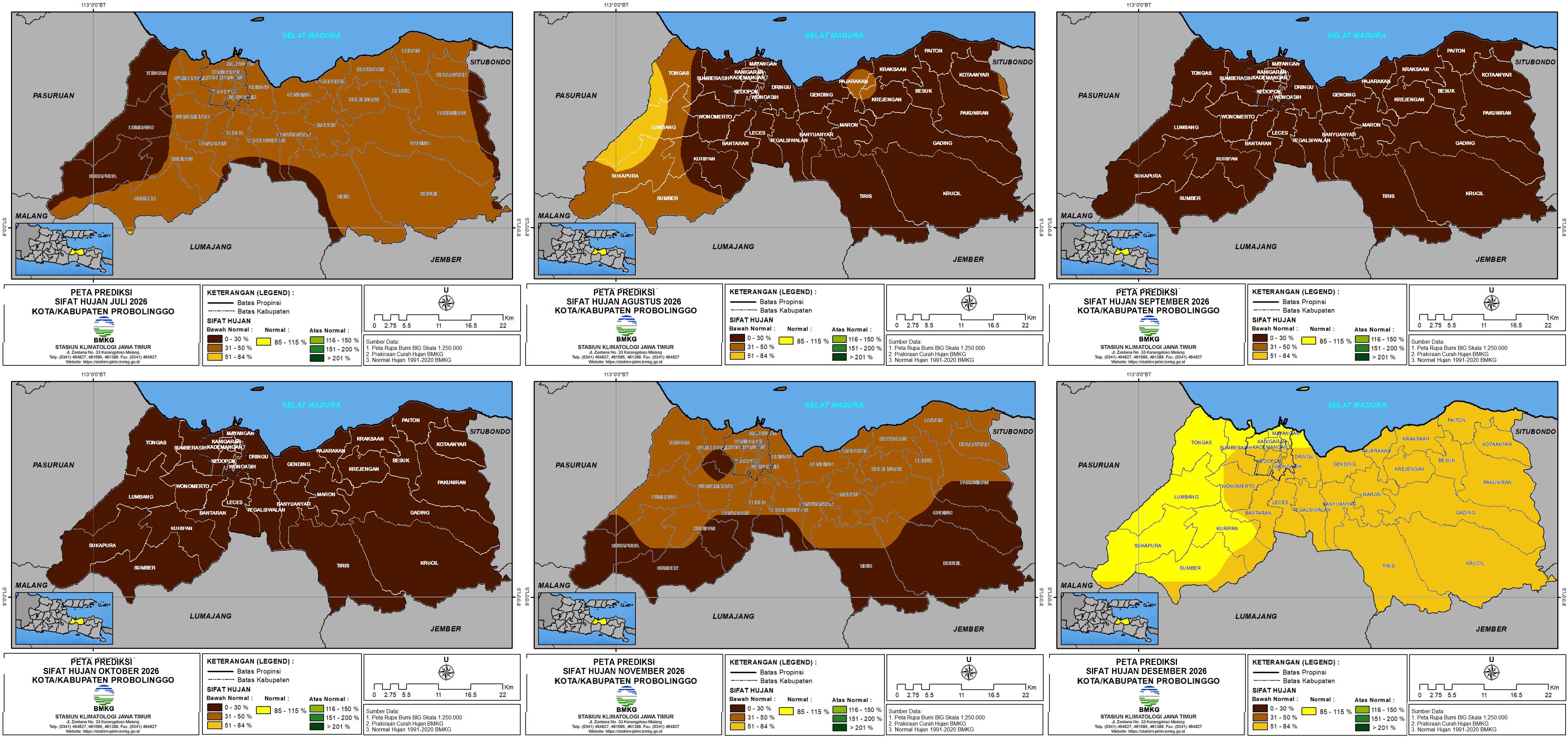 ( Prakiraan - Bulanan ) Sifat Hujan di Kota / Kabupaten Probolinggo untuk 6 bulan ke Depan