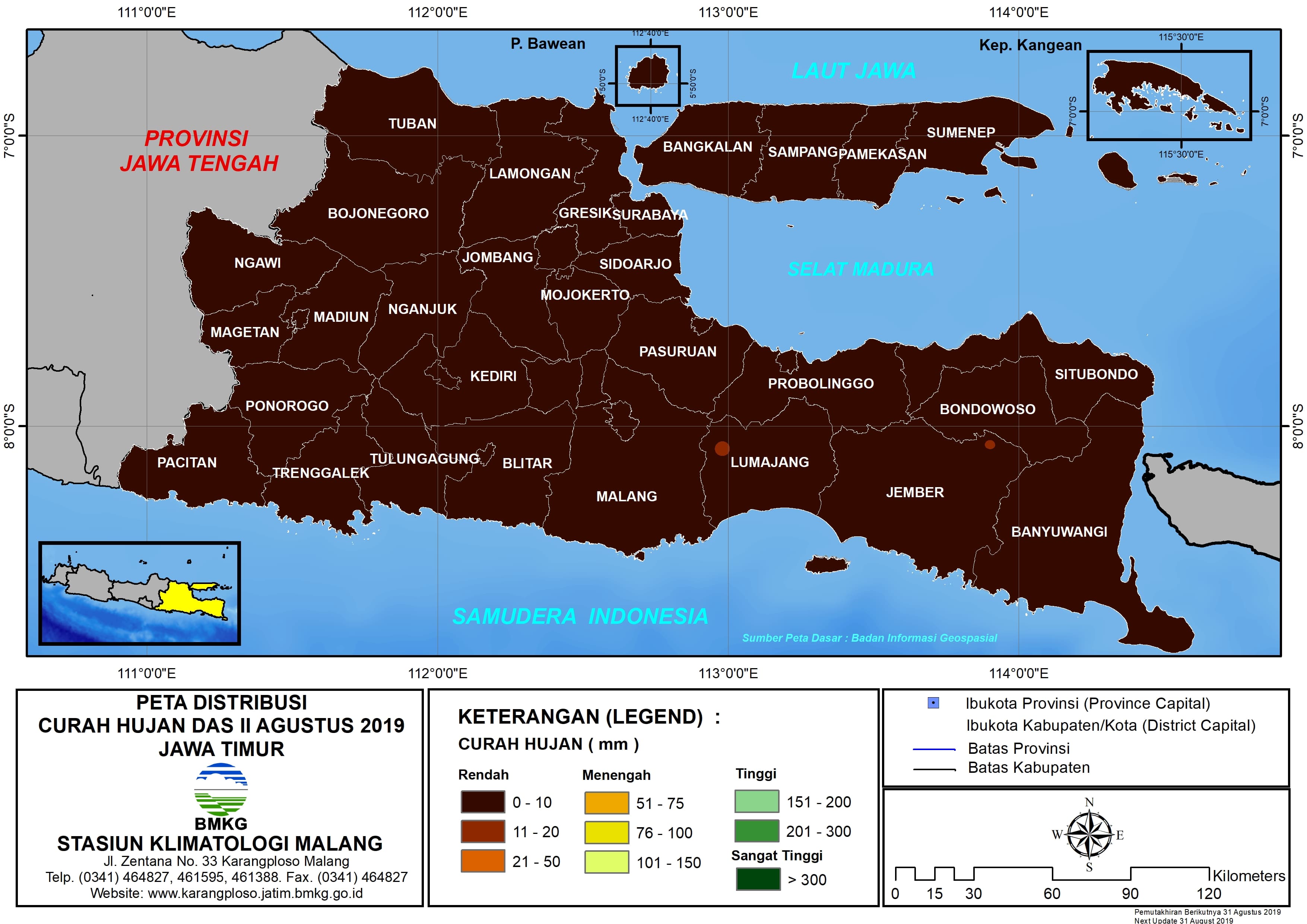 |Analisis - Dasarian| Monitoring Hari Tanpa Hujan Berturut-Turut Update 20 Agustus 2019 di Provinsi Jawa Timur