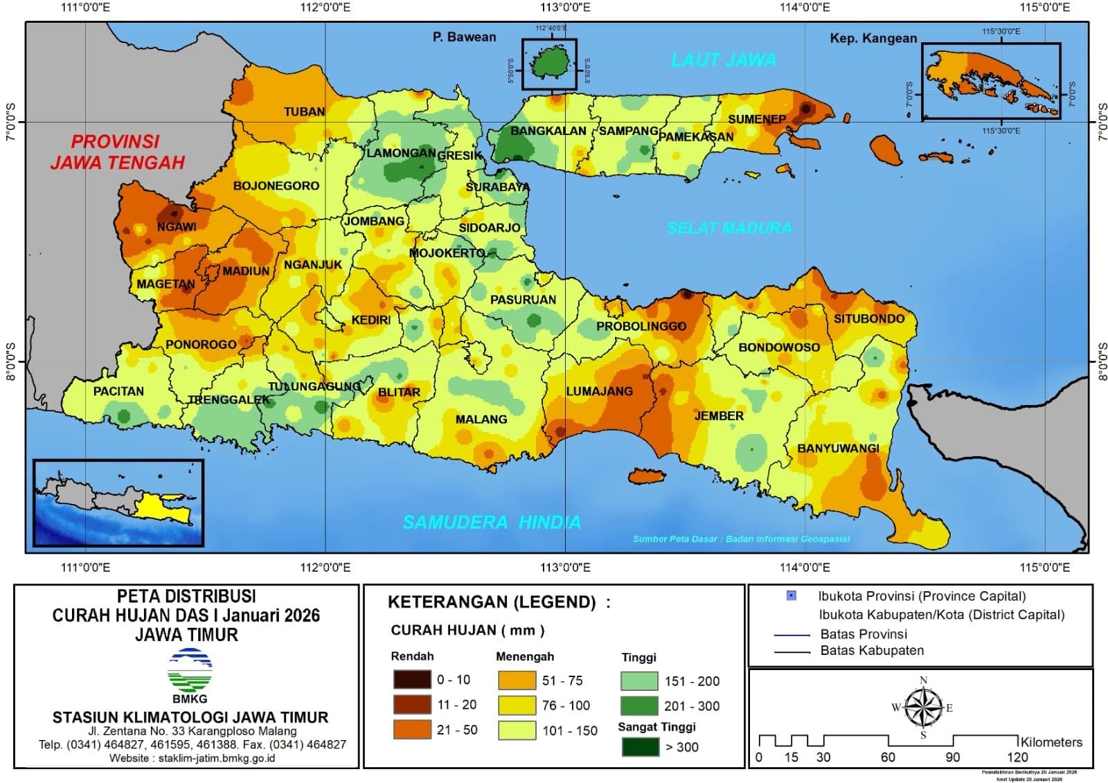 ( Analisis - Dasarian ) Distribusi Curah Hujan Dasarian I Januari 2026 ( Tanggal 1 - 10 Januari 2026 ) di Provinsi Jawa Timur