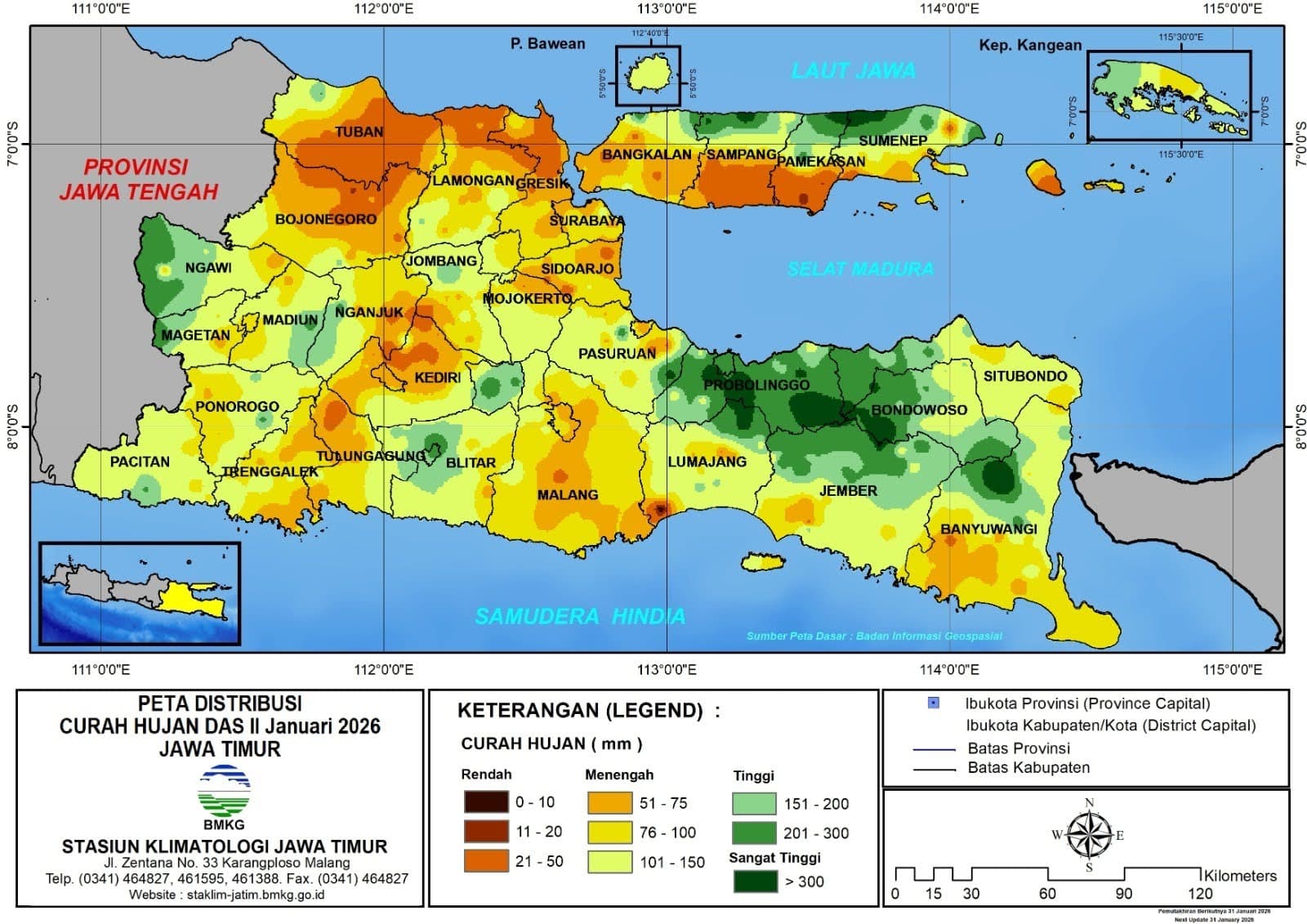 ( Analisis - Dasarian ) Distribusi Curah Hujan Dasarian II Januari 2026 ( Tanggal 11 - 20 Januari 2026 ) di Provinsi Jawa Timur