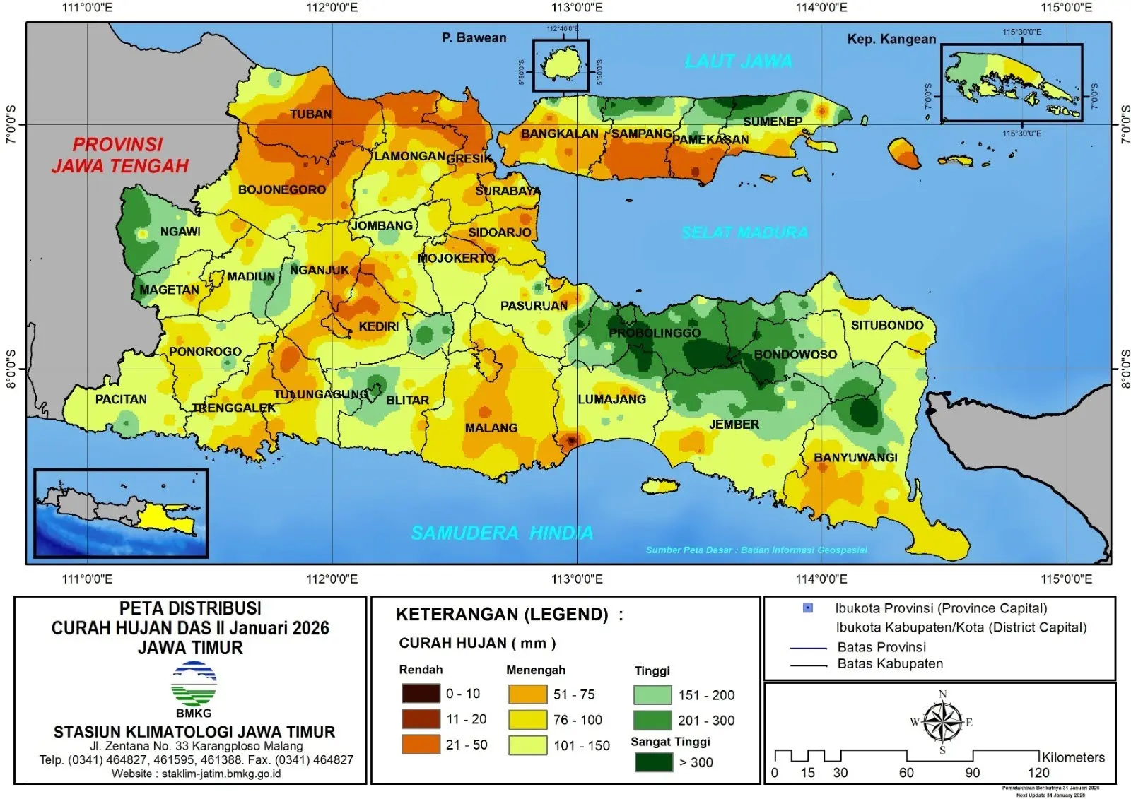 ( Analisis - Dasarian ) Distribusi Curah Hujan Dasarian II Januari 2026 ( Tanggal 11 - 20 Januari 2026 ) di Provinsi Jawa Timur