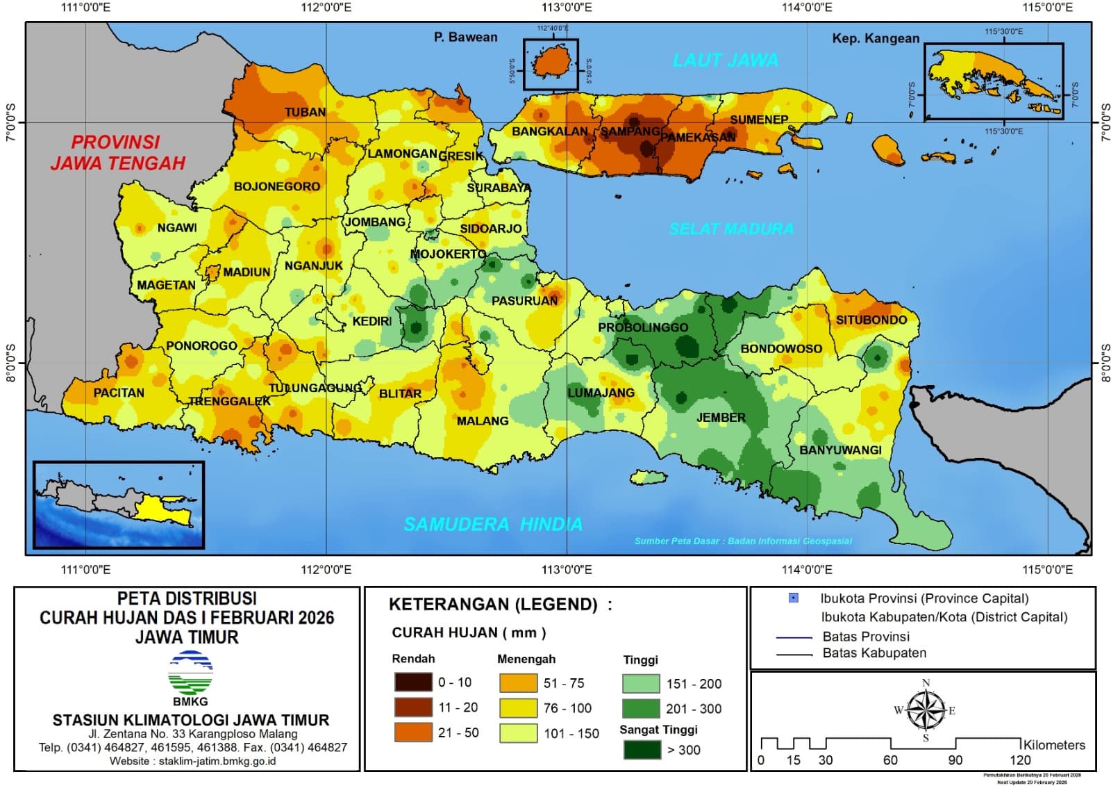 ( Analisis - Dasarian ) Distribusi Curah Hujan Dasarian I Februari 2026 ( Tanggal 1 - 10 Februari 2026 ) di Provinsi Jawa Timur