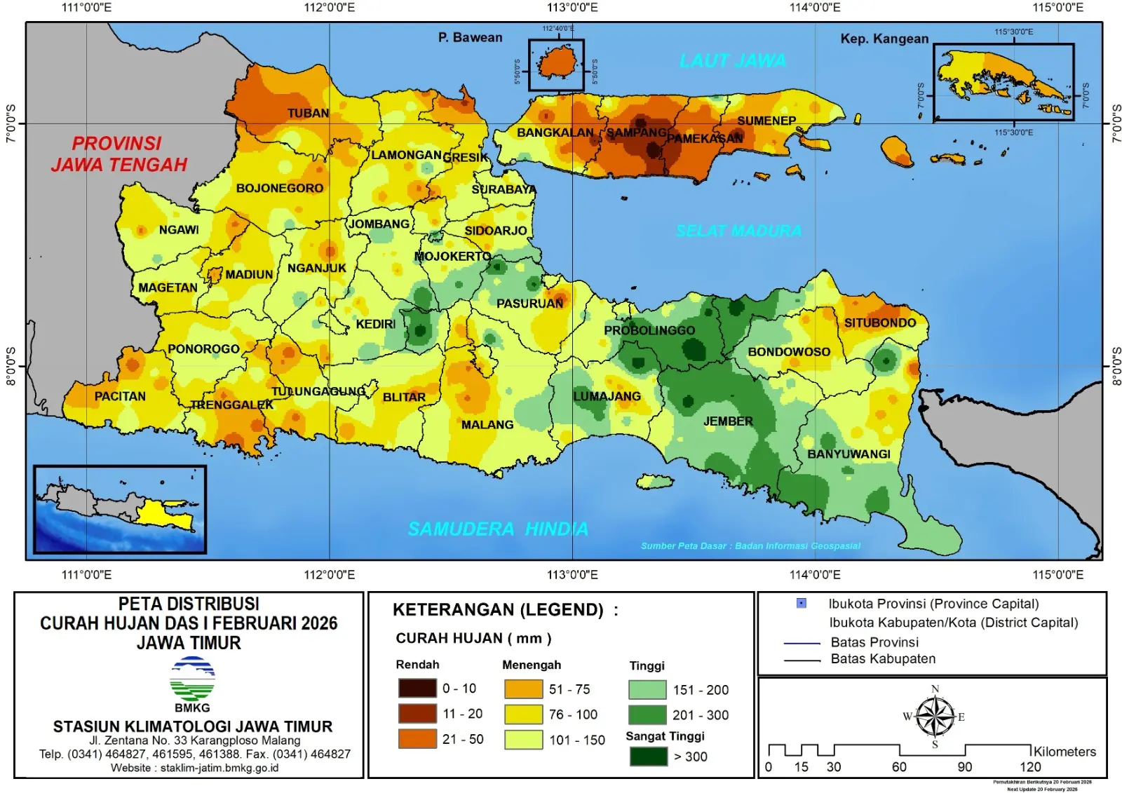 ( Analisis - Dasarian ) Distribusi Curah Hujan Dasarian I Februari 2026 ( Tanggal 1 - 10 Februari 2026 ) di Provinsi Jawa Timur