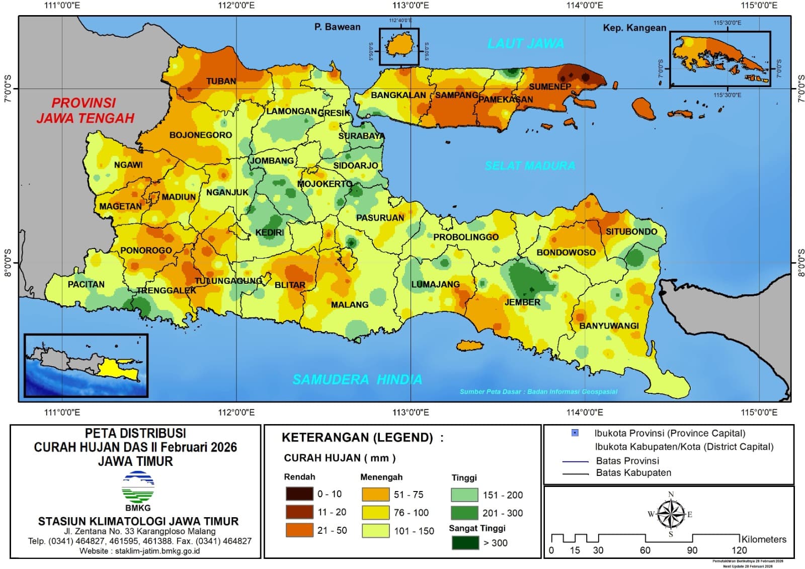 ( Analisis - Dasarian ) Distribusi Curah Hujan Dasarian II Februari 2026 ( Tanggal 11 - 20 Februari 2026 ) di Provinsi Jawa Timur