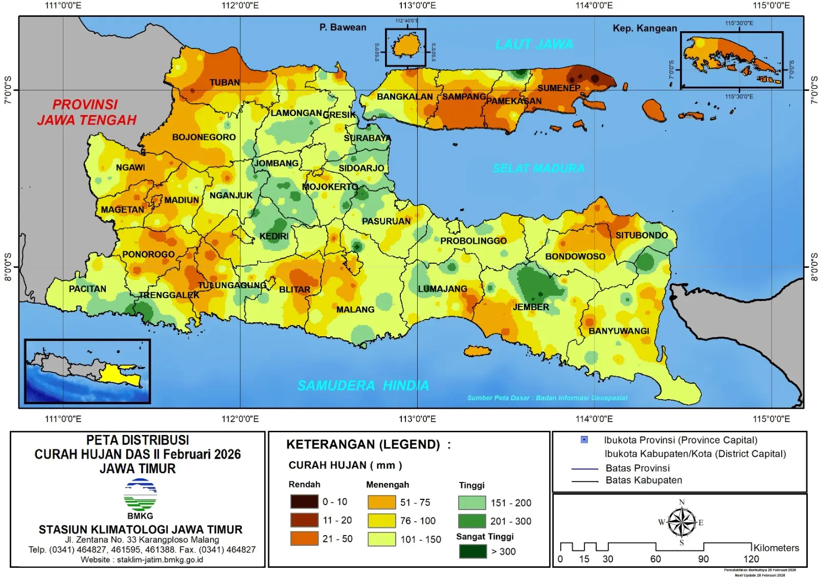 ( Analisis - Dasarian ) Distribusi Curah Hujan Dasarian II Februari 2026 ( Tanggal 11 - 20 Februari 2026 ) di Provinsi Jawa Timur