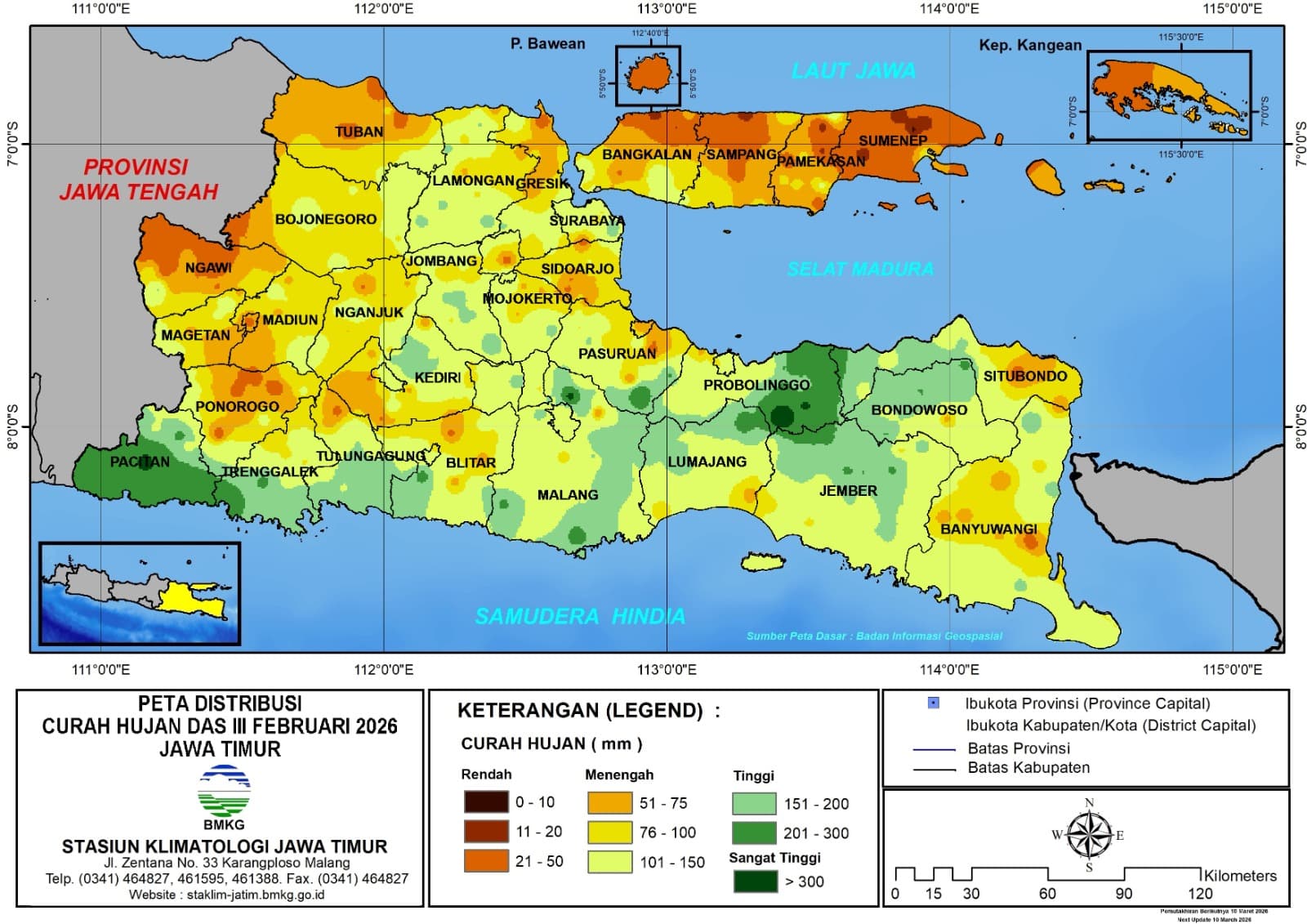 ( Analisis - Dasarian ) Distribusi Curah Hujan Dasarian III Februari 2026 ( Tanggal 21 - 28 Februari 2026 ) di Provinsi Jawa Timur
