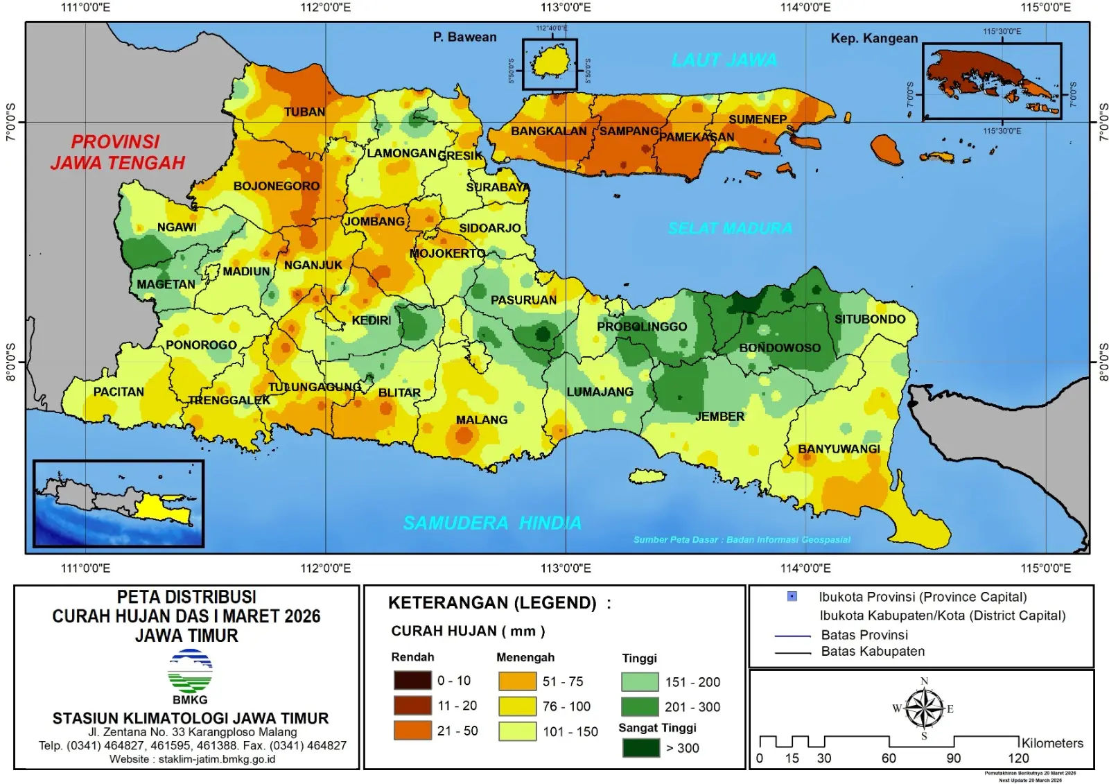( Analisis - Dasarian ) Distribusi Curah Hujan Dasarian I Maret 2026 ( Tanggal 1 - 10 Maret 2026 ) di Provinsi Jawa Timur