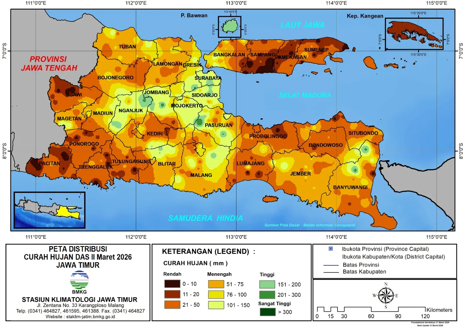 ( Analisis - Dasarian ) Distribusi Curah Hujan Dasarian II Maret 2026 ( Tanggal 11 - 20 Maret 2026 ) di Provinsi Jawa Timur