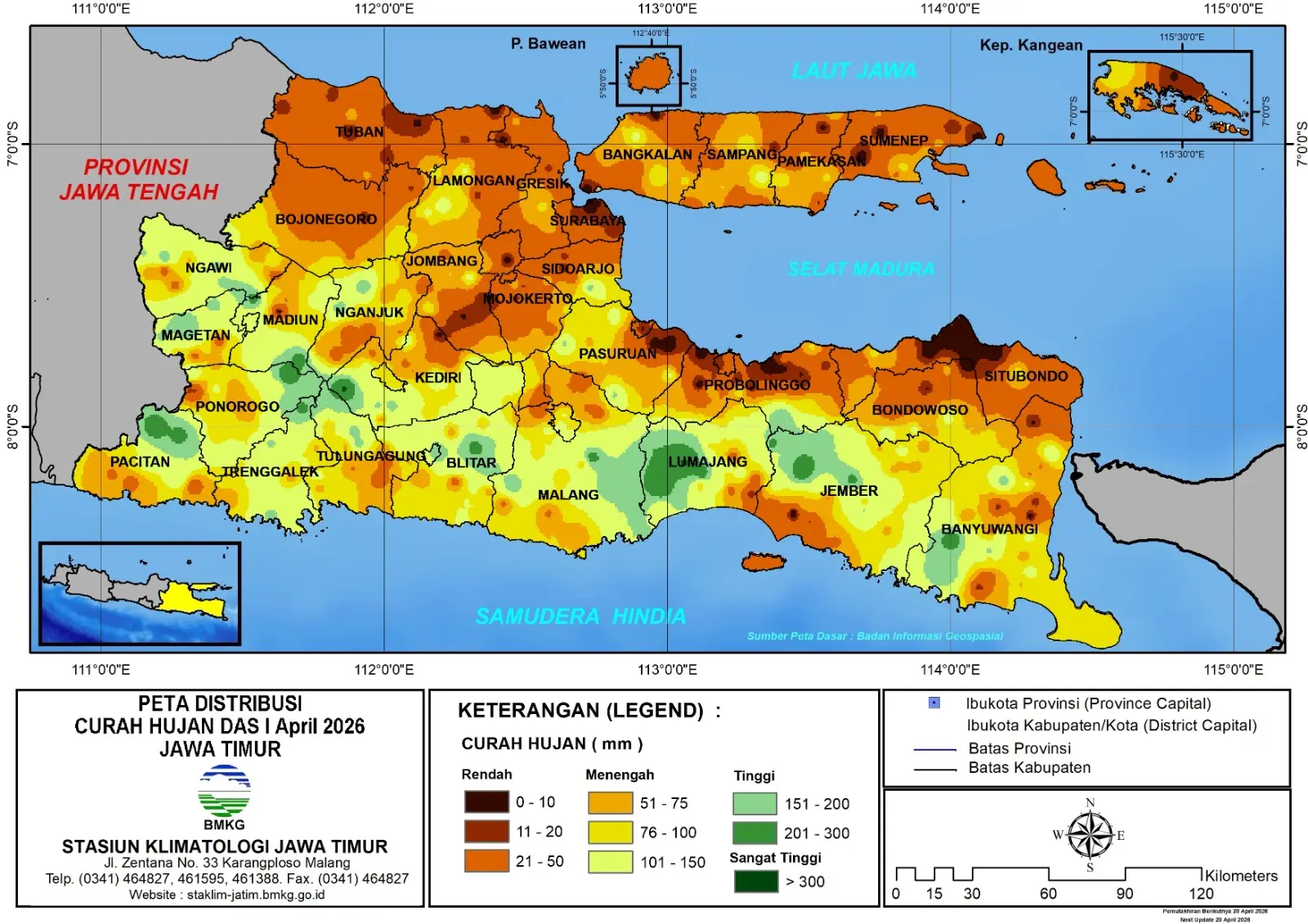 ( Analisis - Dasarian ) Distribusi Curah Hujan Dasarian I April 2026 ( Tanggal 1 - 10 April 2026 ) di Provinsi Jawa Timur
