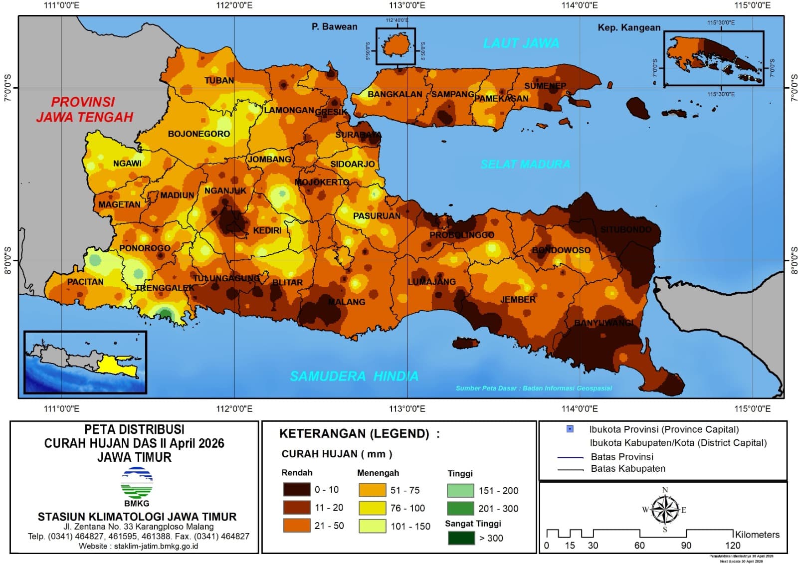 ( Analisis - Dasarian ) Distribusi Curah Hujan Dasarian II April 2026 ( Tanggal 11 - 20 April 2026 ) di Provinsi Jawa Timur