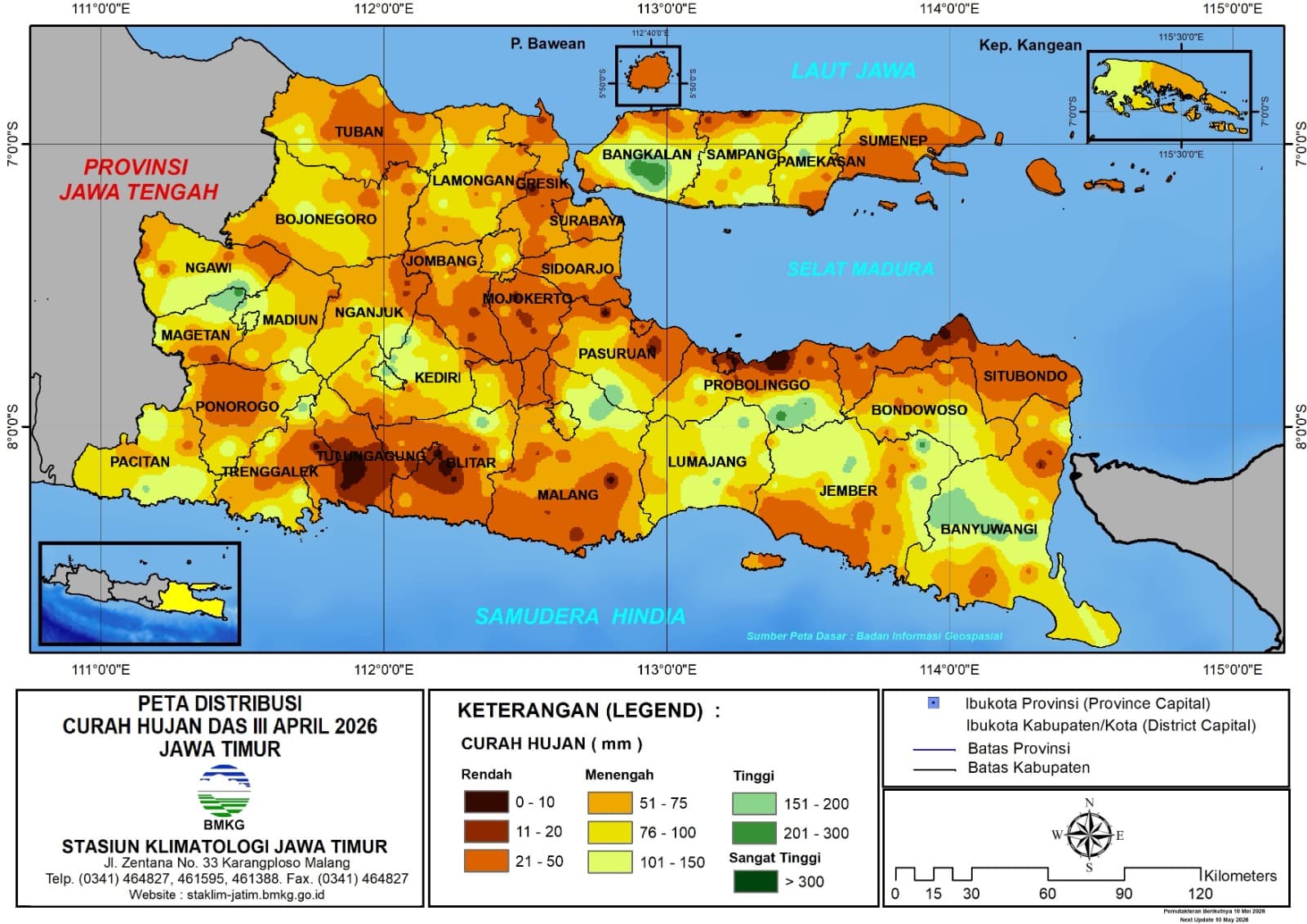 ( Analisis - Dasarian ) Distribusi Curah Hujan Dasarian III April 2026 ( Tanggal 21 - 30 April 2026 ) di Provinsi Jawa Timur