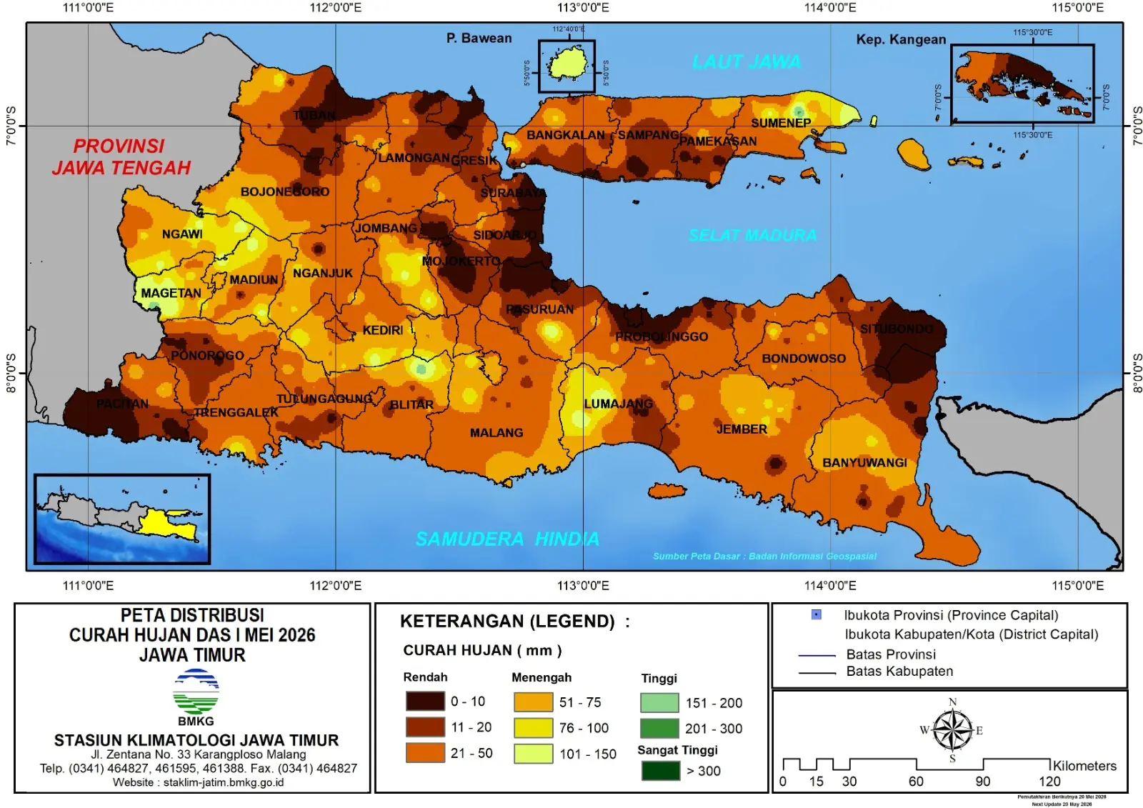 ( Analisis - Dasarian ) Distribusi Curah Hujan Dasarian I Mei 2026 ( Tanggal 1 - 10 Mei 2026 ) di Provinsi Jawa Timur