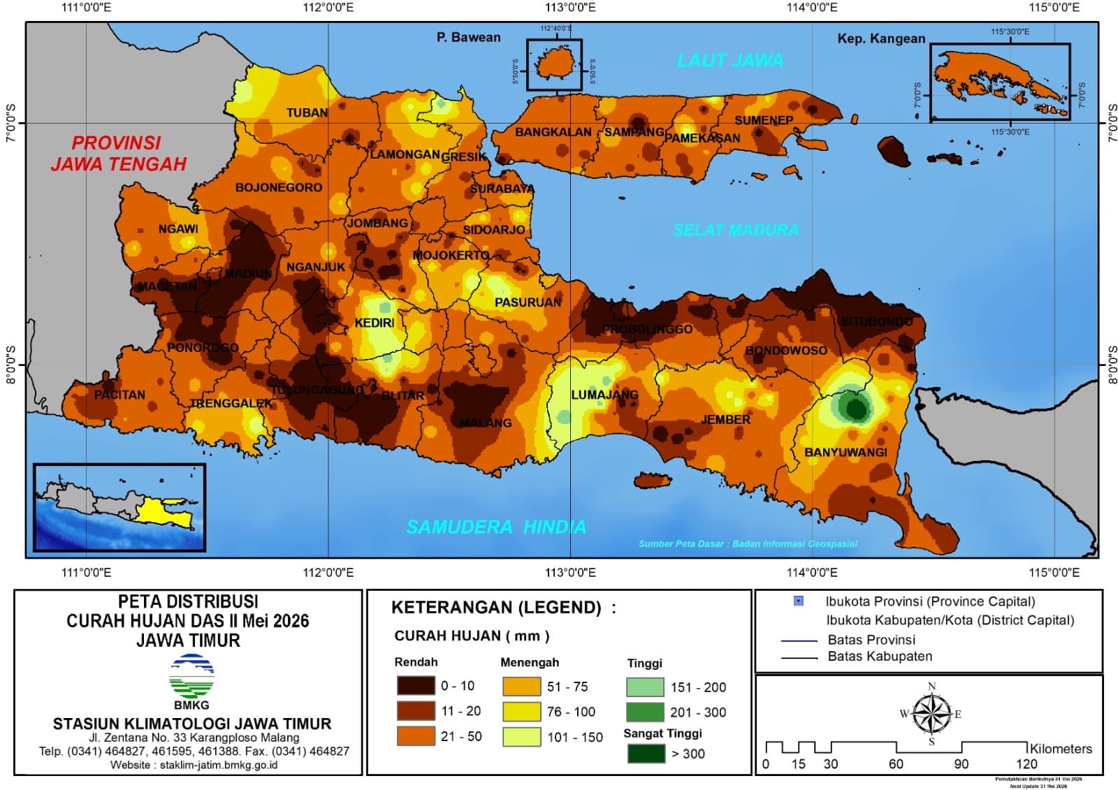 ( Analisis - Dasarian ) Distribusi Curah Hujan Dasarian II Mei 2026 ( Tanggal 11- 20 Mei 2026 ) di Provinsi Jawa Timur