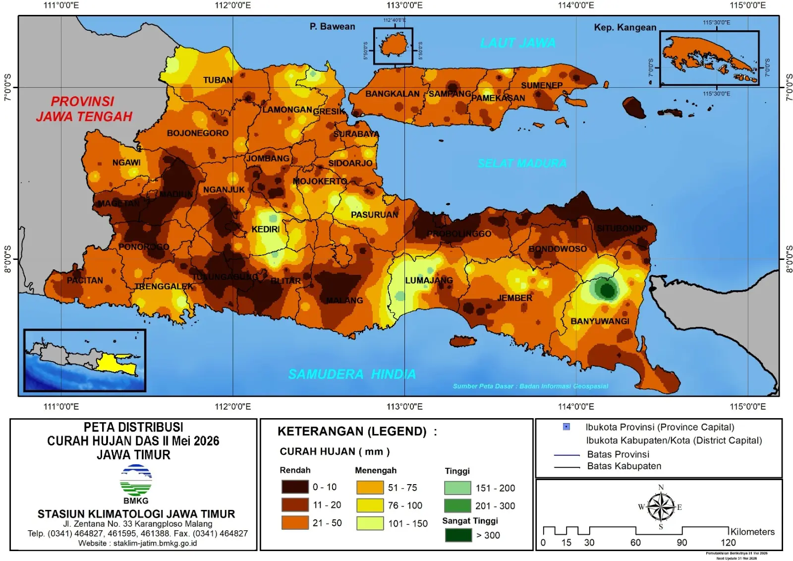 ( Analisis - Dasarian ) Distribusi Curah Hujan Dasarian II Mei 2026 ( Tanggal 11- 20 Mei 2026 ) di Provinsi Jawa Timur