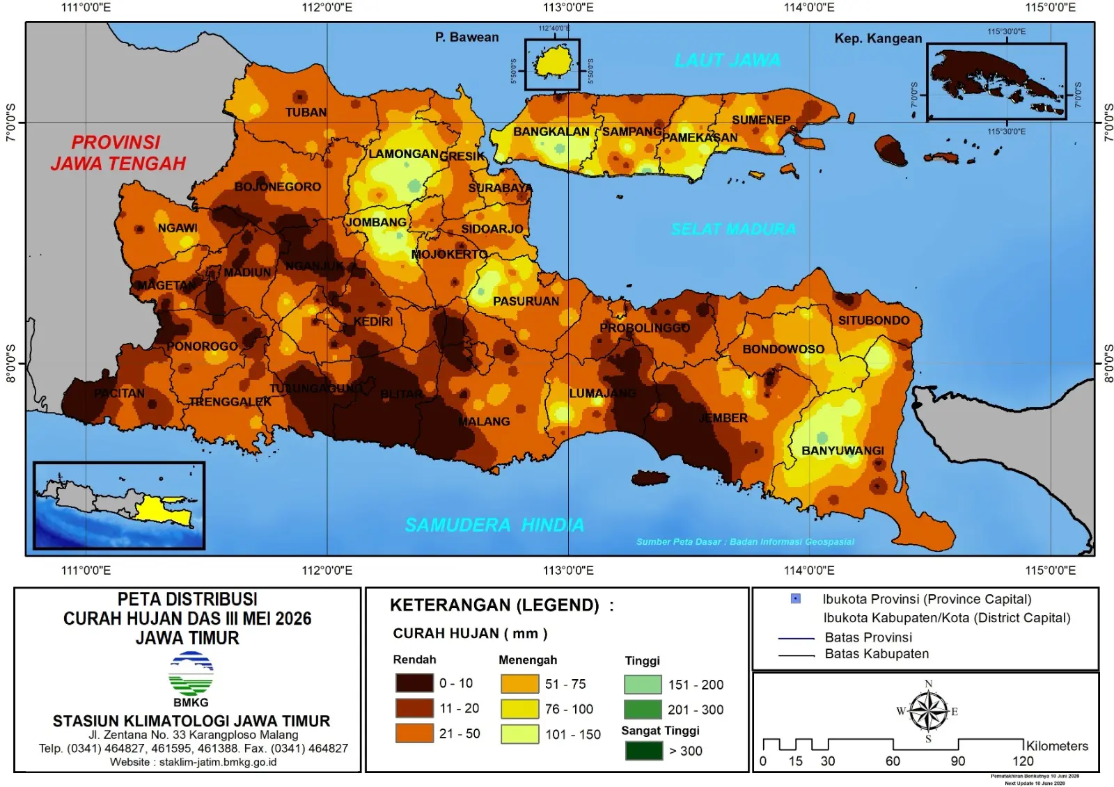 ( Analisis - Dasarian ) Distribusi Curah Hujan Dasarian III Mei 2026 ( Tanggal 20- 31 Mei 2026 ) di Provinsi Jawa Timur