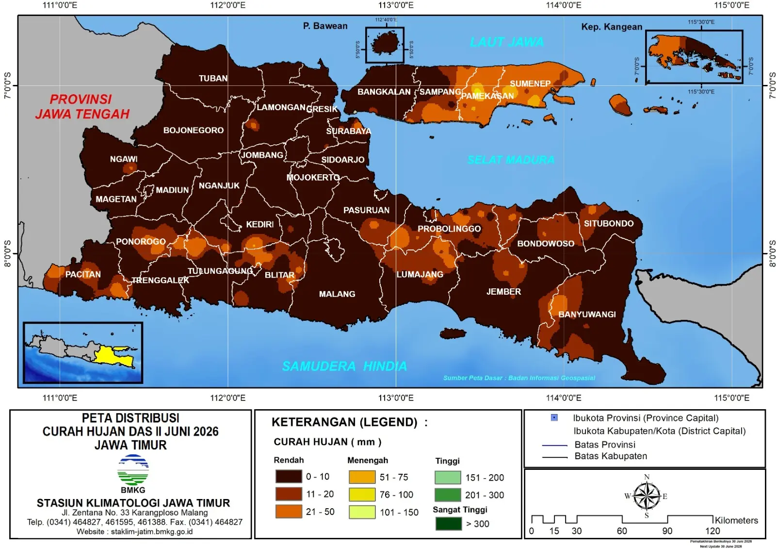 ( Analisis - Dasarian ) Distribusi Curah Hujan Dasarian II Juni 2026 ( Tanggal 11 - 20 Juni 2026 ) di Provinsi Jawa Timur
