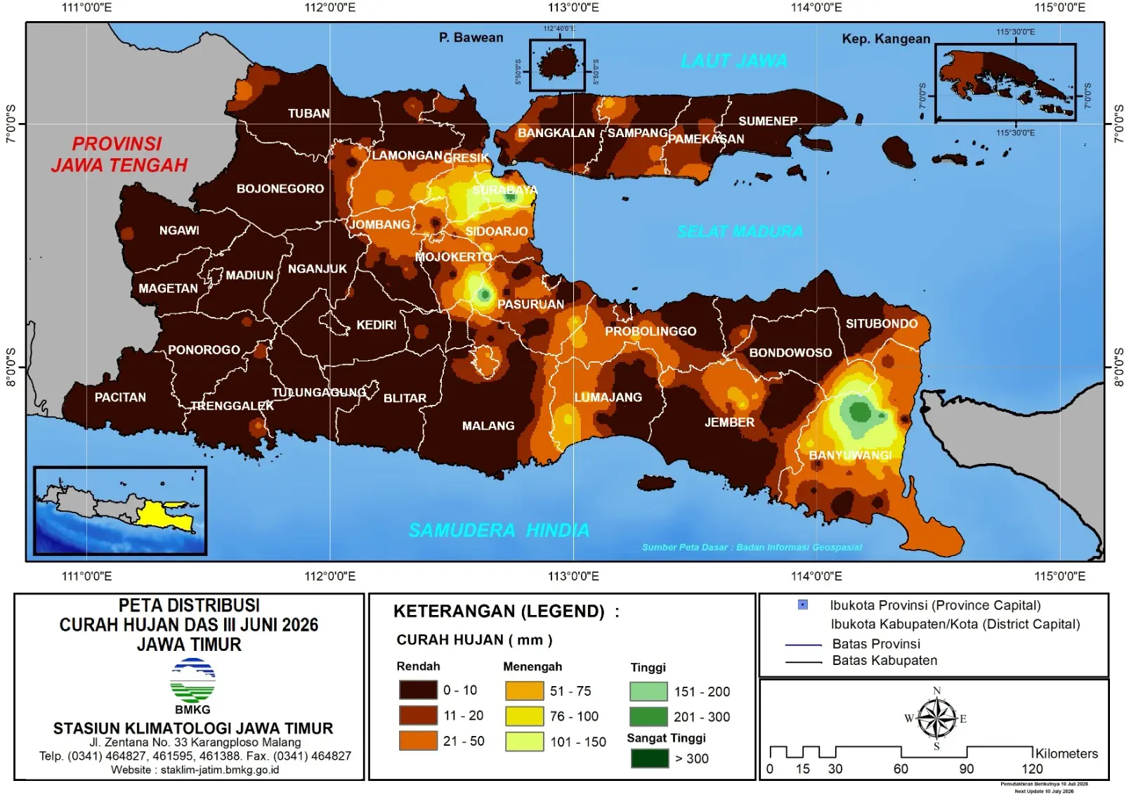 ( Analisis - Dasarian ) Distribusi Curah Hujan Dasarian III Juni 2026 ( Tanggal 21 - 30 Juni 2026 ) di Provinsi Jawa Timur