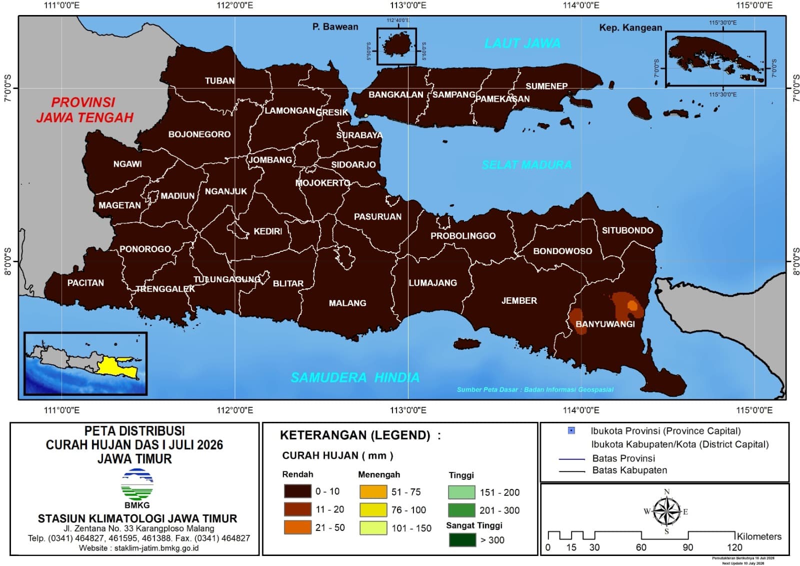 ( Analisis - Dasarian ) Distribusi Curah Hujan Dasarian I Juli 2026 ( Tanggal 1 - 10 Juli 2026 ) di Provinsi Jawa Timur