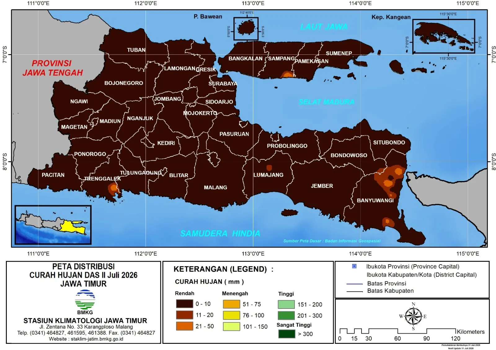 ( Analisis - Dasarian ) Distribusi Curah Hujan Dasarian II Juli 2026 ( Tanggal 11 - 20 Juli 2026 ) di Provinsi Jawa Timur