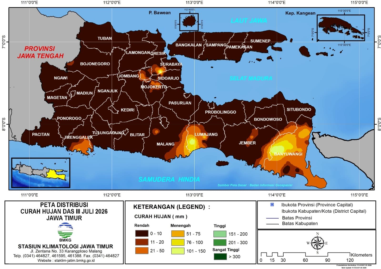 ( Analisis - Dasarian ) Distribusi Curah Hujan Dasarian III Juli 2026 ( Tanggal 21 - 31 Juli 2026 ) di Provinsi Jawa Timur