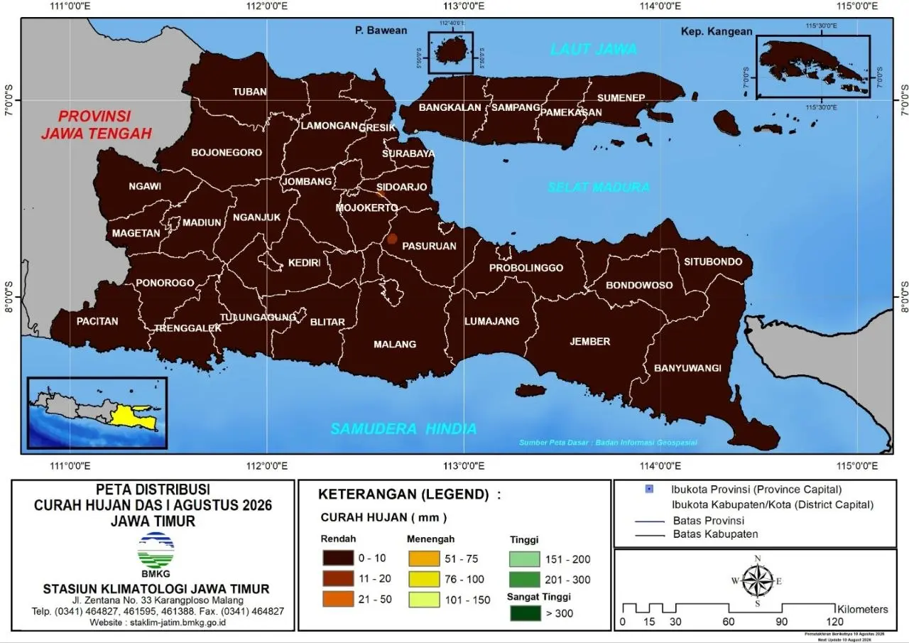 ( Analisis - Dasarian ) Distribusi Curah Hujan Dasarian I Agustus 2026 ( Tanggal 1 - 10 Agustus 2026 ) di Provinsi Jawa Timur