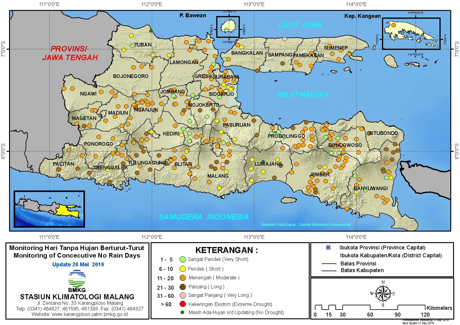 Peta Analisis Distribusi Sifat Hujan Dasarian II April 2019 di Provinsi Jawa Timur