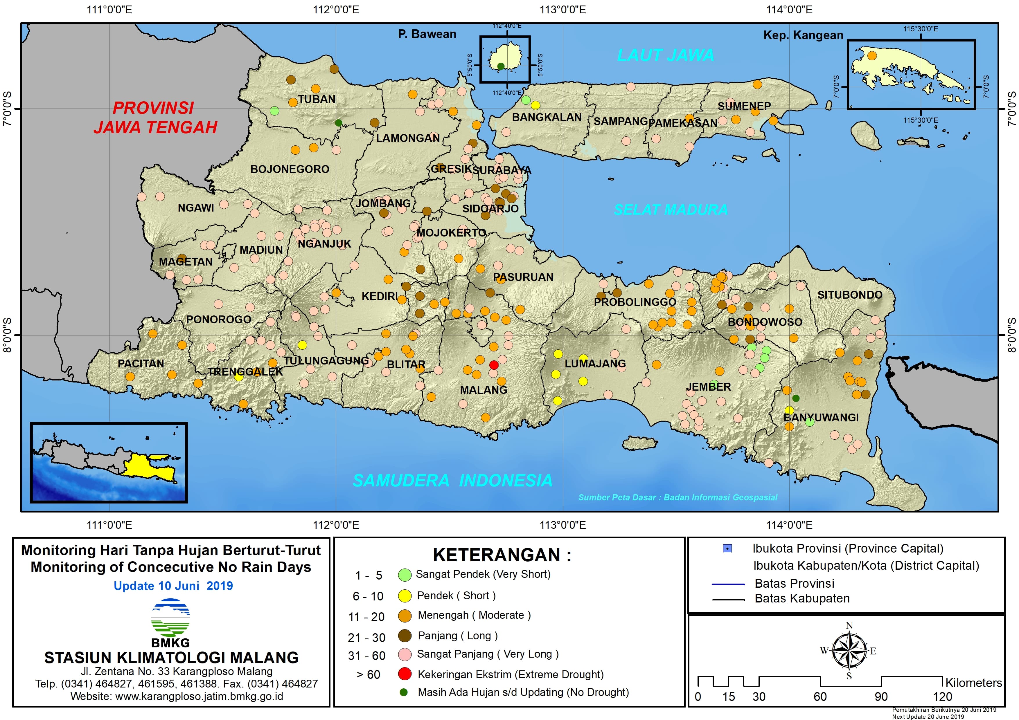 Analisis - Dasarian Monitoring Hari Tanpa Hujan Berturut-Turut Update 10 Juni 2019 di Provinsi Jawa Timur