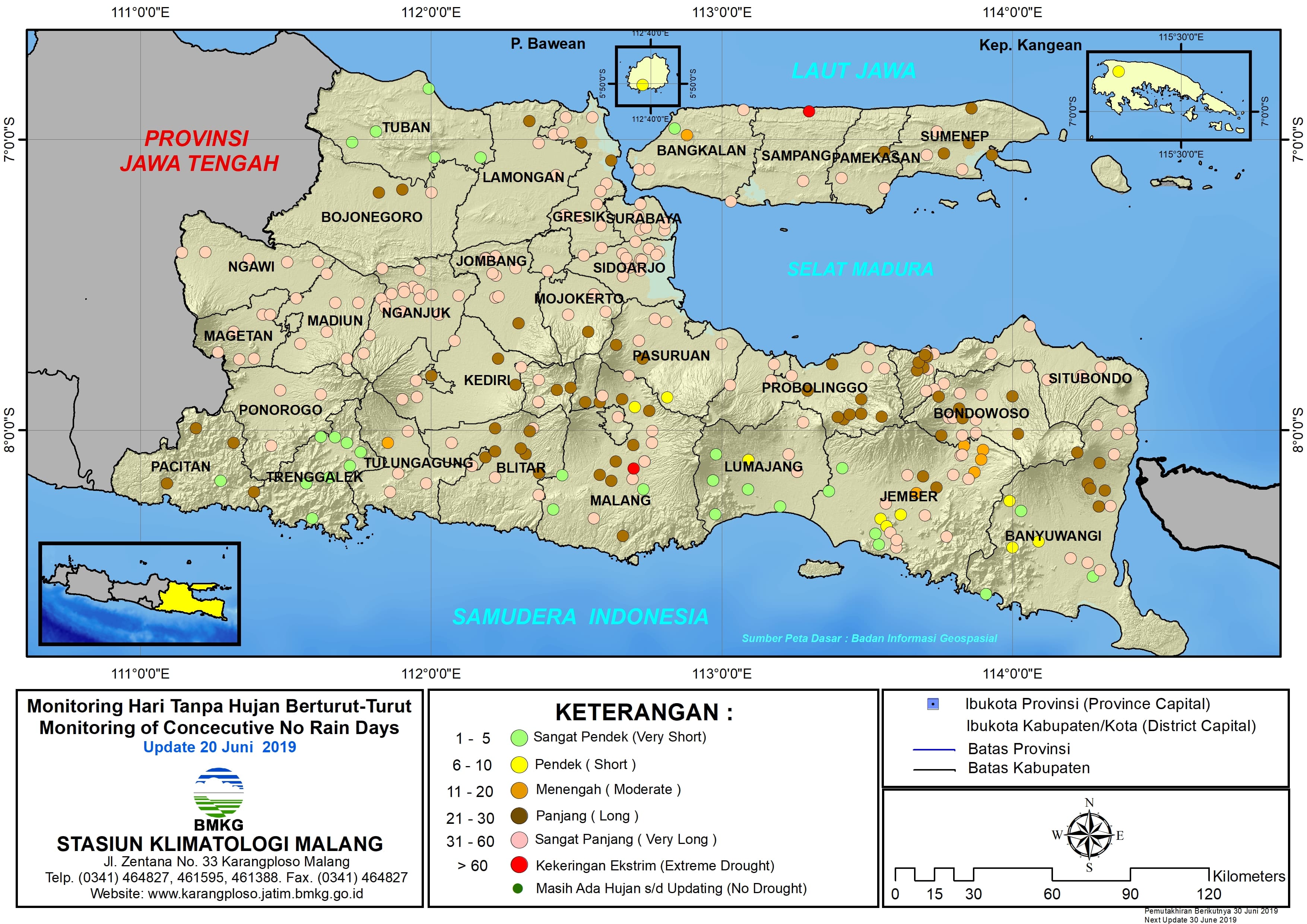 Analisis - Dasarian Monitoring Hari Tanpa Hujan Berturut-Turut Update 20 Juni 2019 di Provinsi Jawa Timur