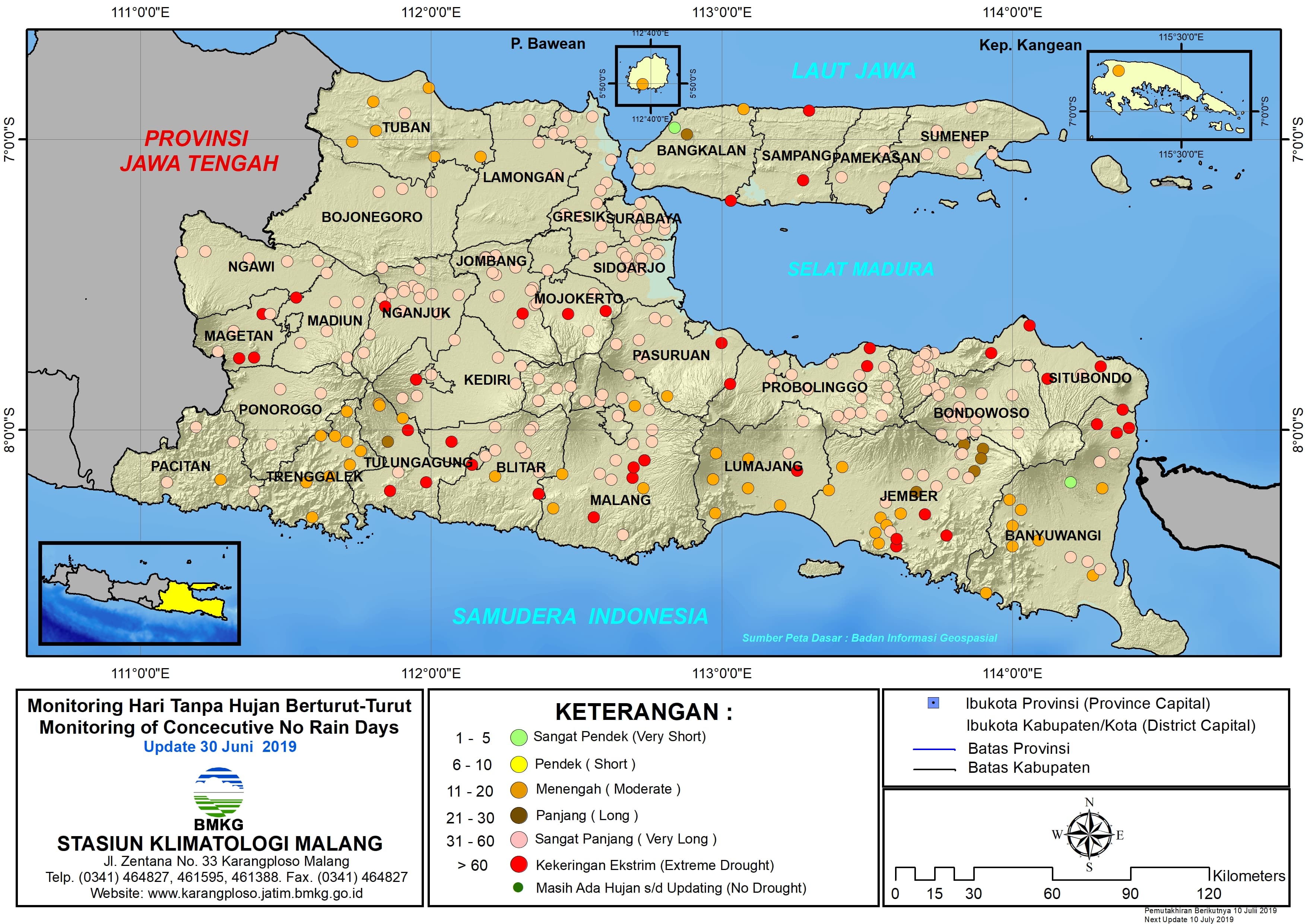 Analisis - Dasarian Monitoring Hari Tanpa Hujan Berturut-Turut Update 30 Juni 2019 di Provinsi Jawa Timur
