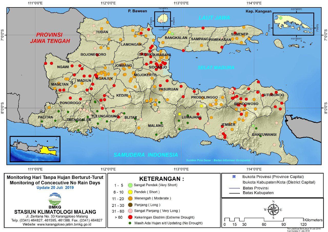 |Analisis - Dasarian| Monitoring Hari Tanpa Hujan Berturut-Turut Update 20 Juli 2019 di Provinsi Jawa Timur