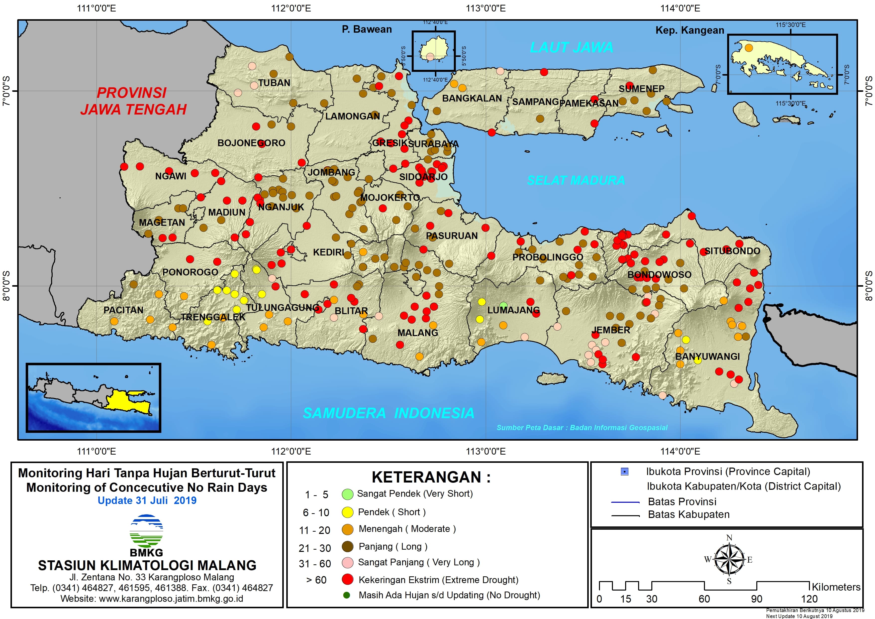 |Analisis - Dasarian| Monitoring Hari Tanpa Hujan Berturut-Turut Update 31 Juli 2019 di Provinsi Jawa Timur
