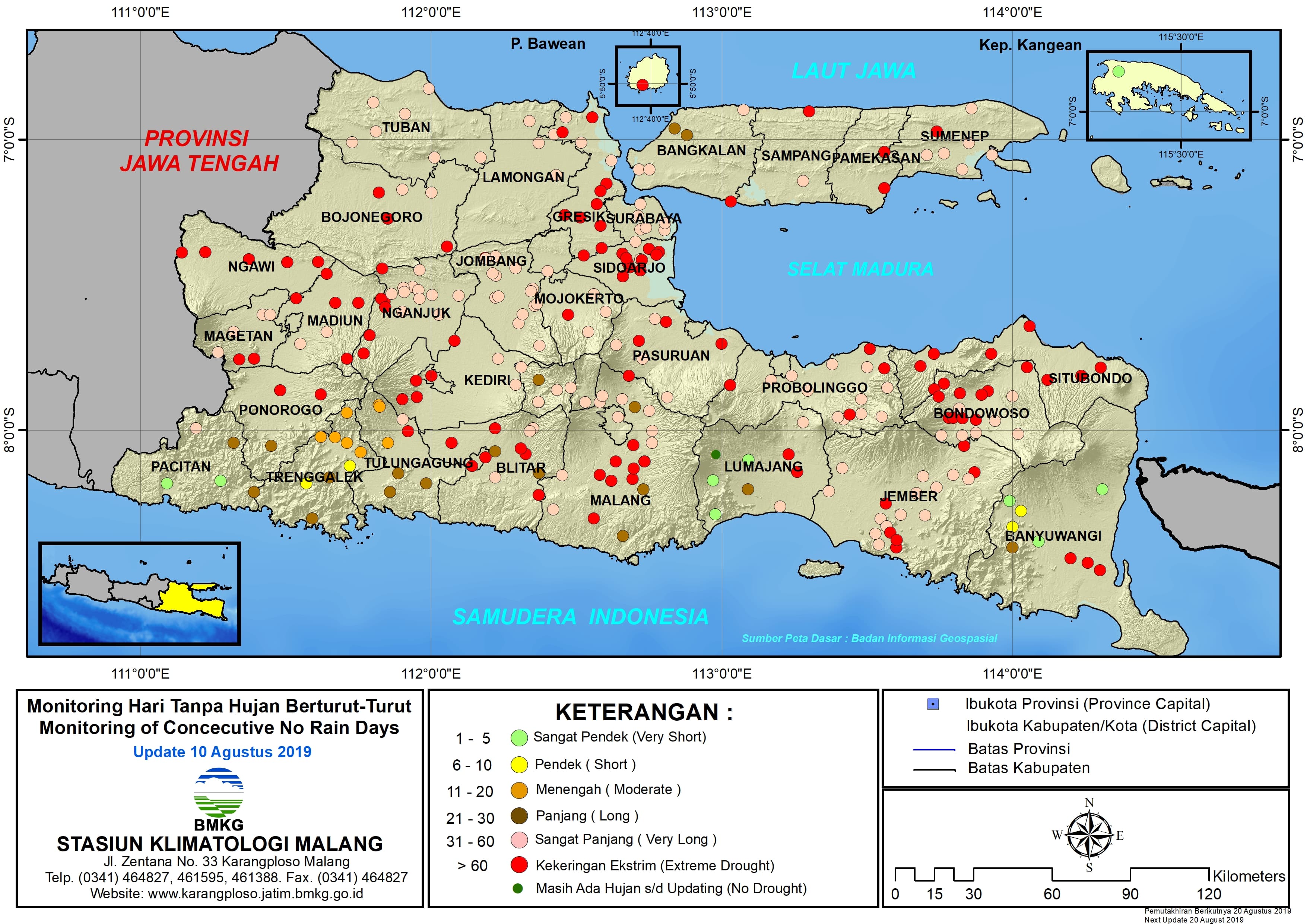 |Analisis - Dasarian| Monitoring Hari Tanpa Hujan Berturut-Turut Update 10 Agustus 2019 di Provinsi Jawa Timur