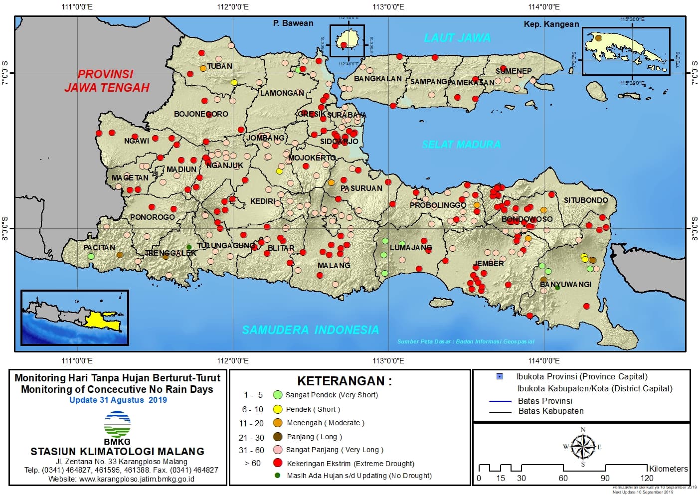 |Analisis - Dasarian| Monitoring Hari Tanpa Hujan Berturut-Turut Update 31 Agustus 2019 di Provinsi Jawa Timur