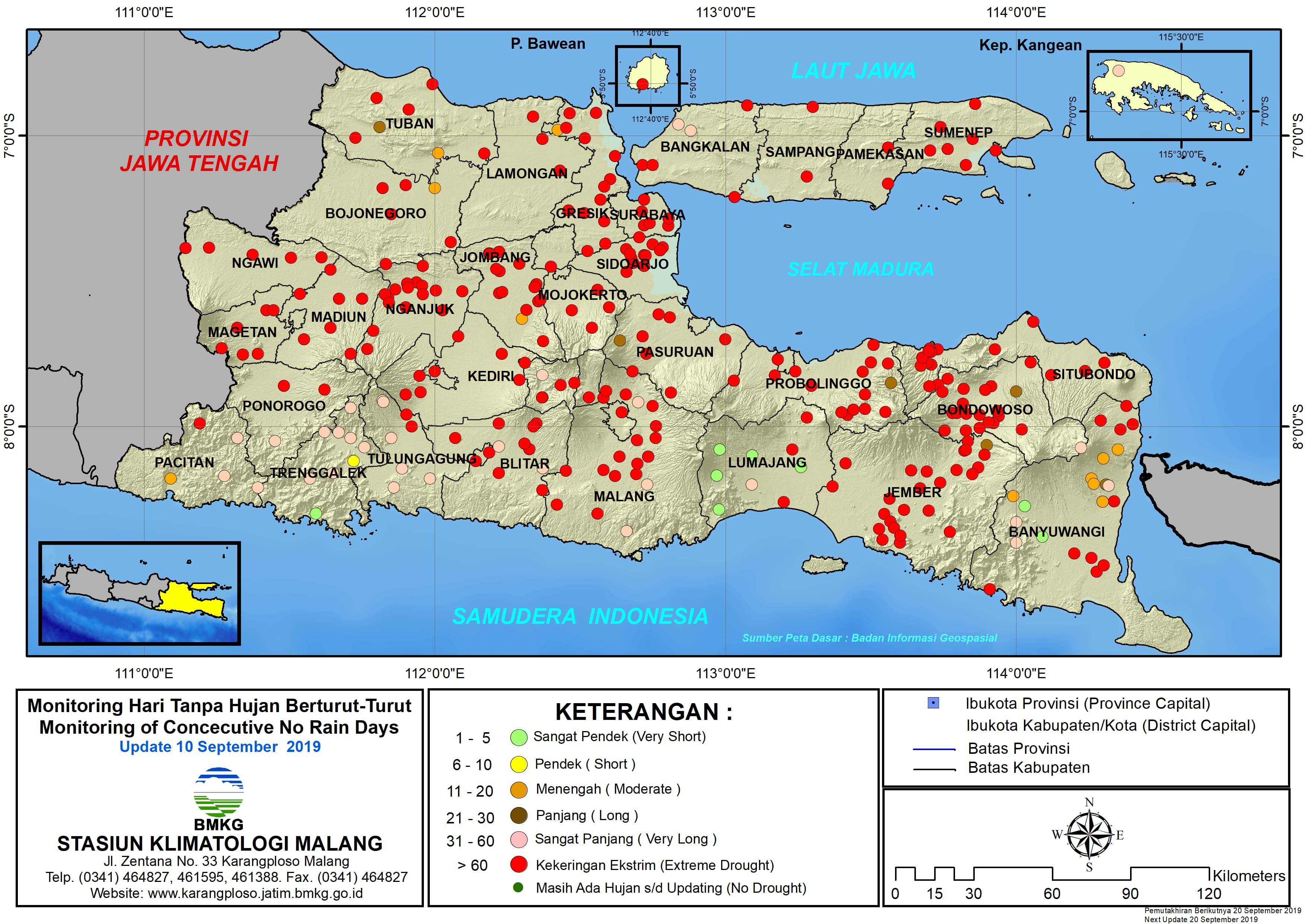 |Analisis - Dasarian| Monitoring Hari Tanpa Hujan Berturut-Turut Update 10 September 2019 di Provinsi Jawa Timur