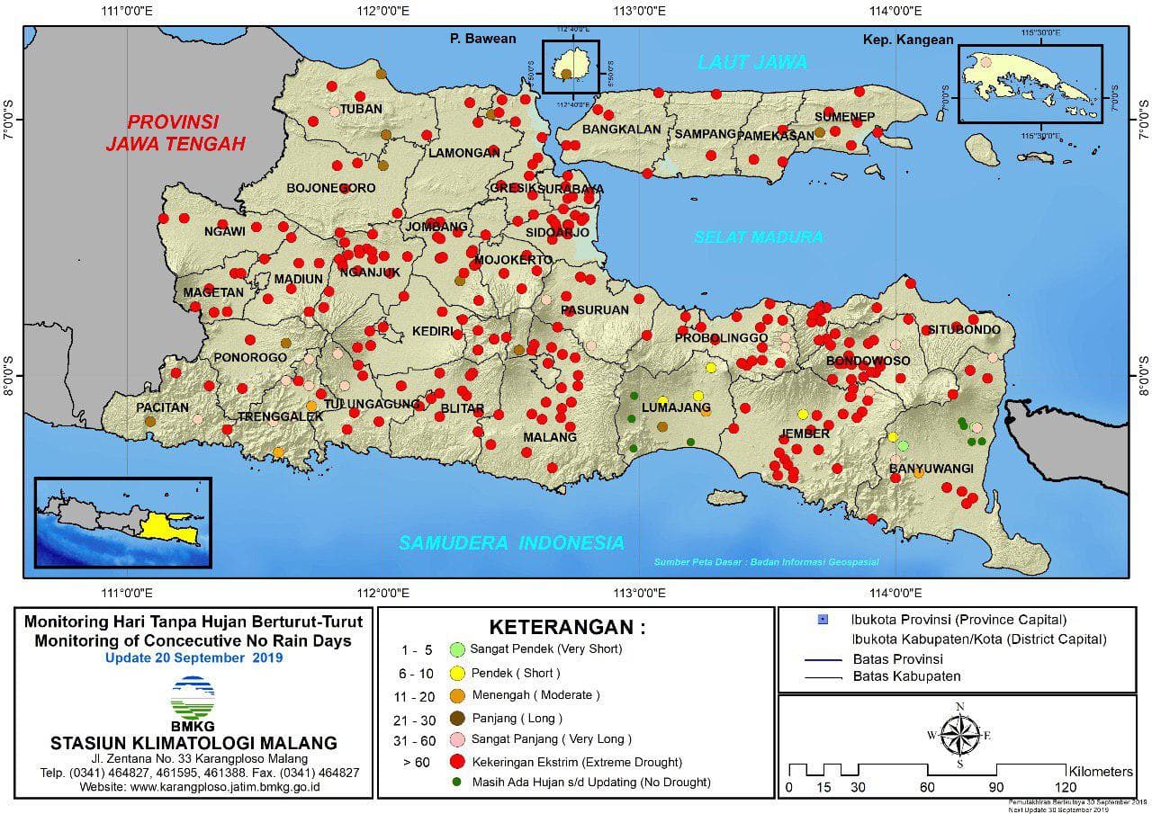 |Analisis - Dasarian| Monitoring Hari Tanpa Hujan Berturut-Turut Update 20 September 2019 di Provinsi Jawa Timur