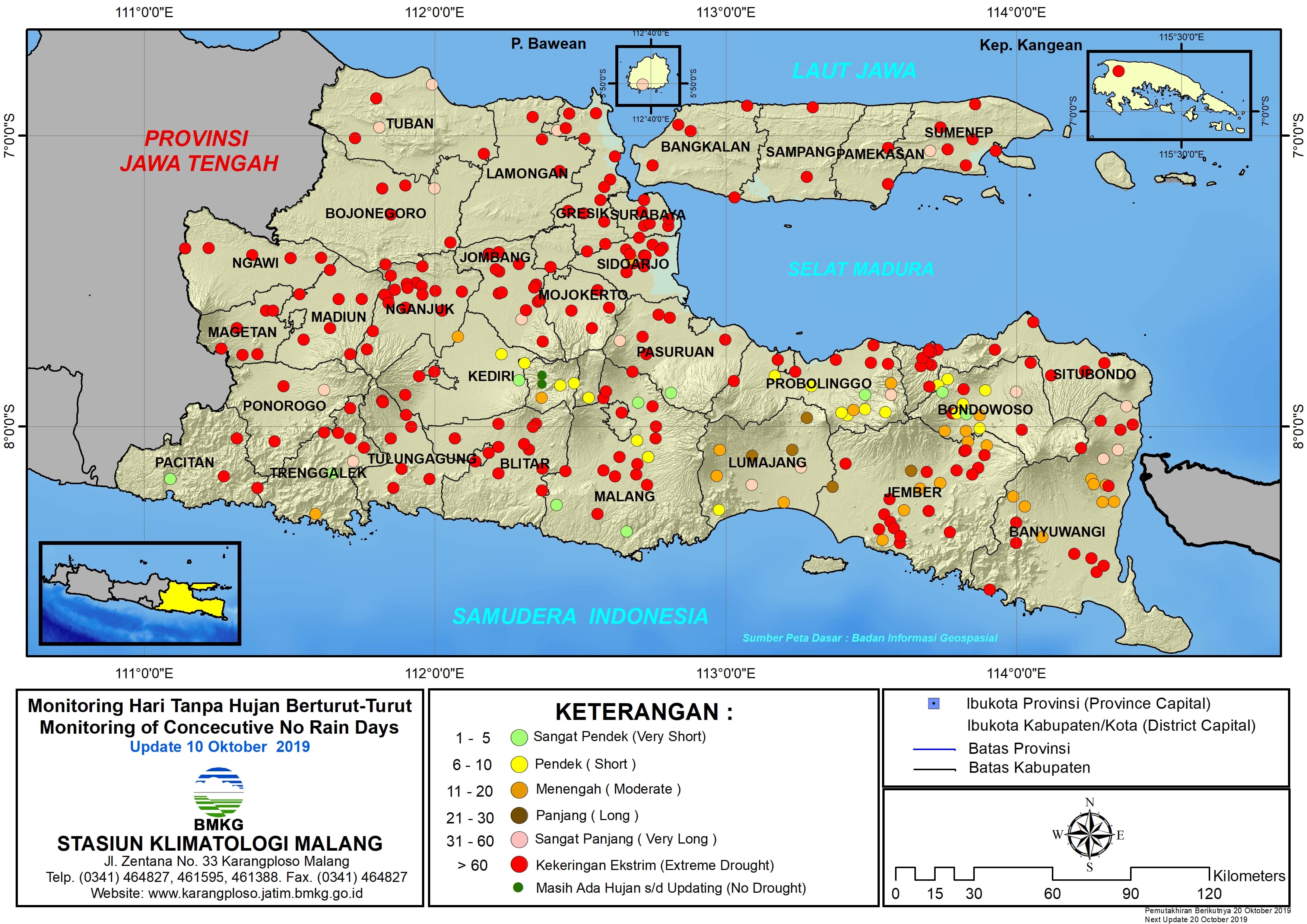 |Analisis - Dasarian| Monitoring Hari Tanpa Hujan Berturut-Turut Update 10 Oktober 2019 di Provinsi Jawa Timur