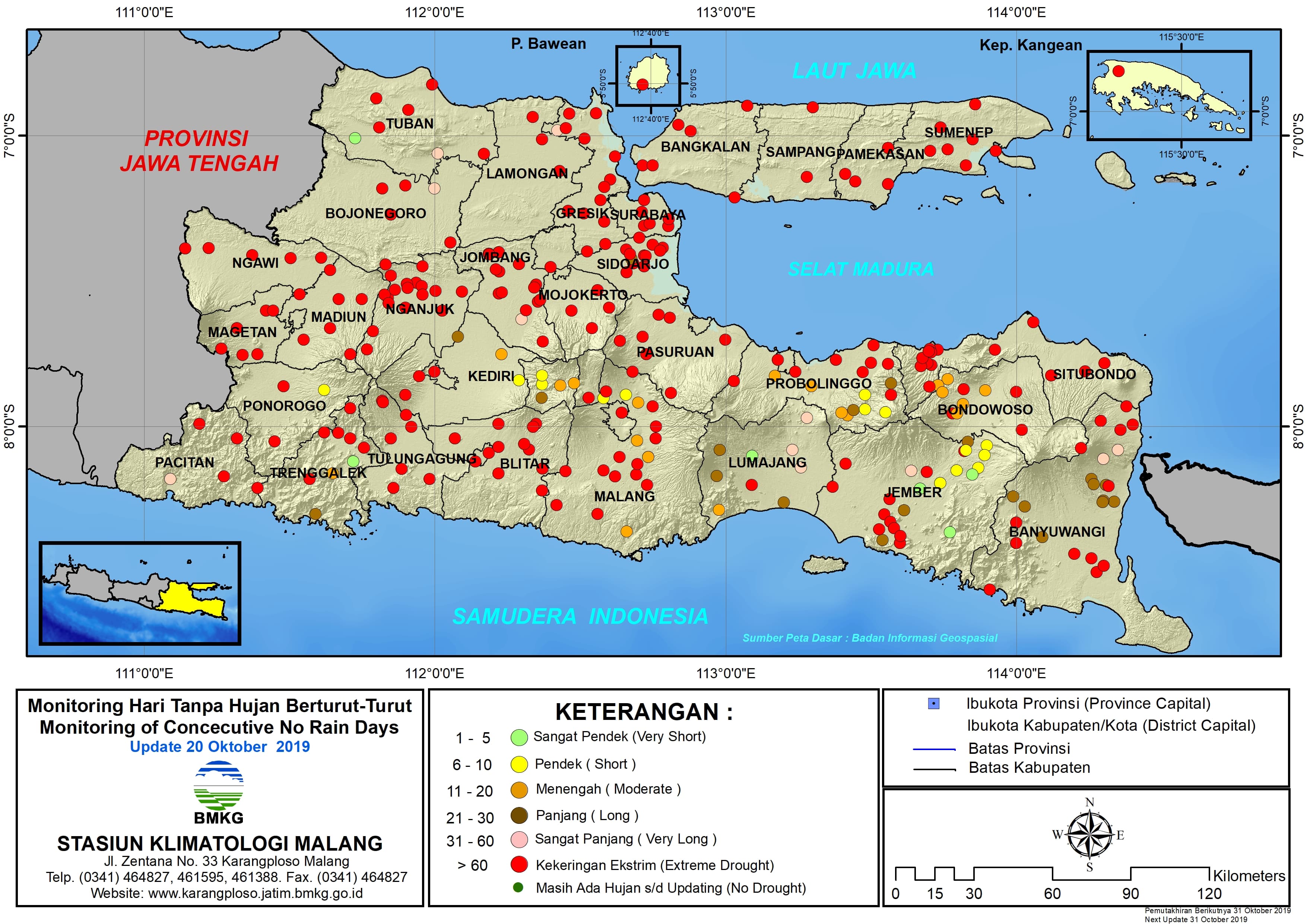 |Analisis - Dasarian| Monitoring Hari Tanpa Hujan Berturut-Turut Update 20 Oktober 2019 di Provinsi Jawa Timur