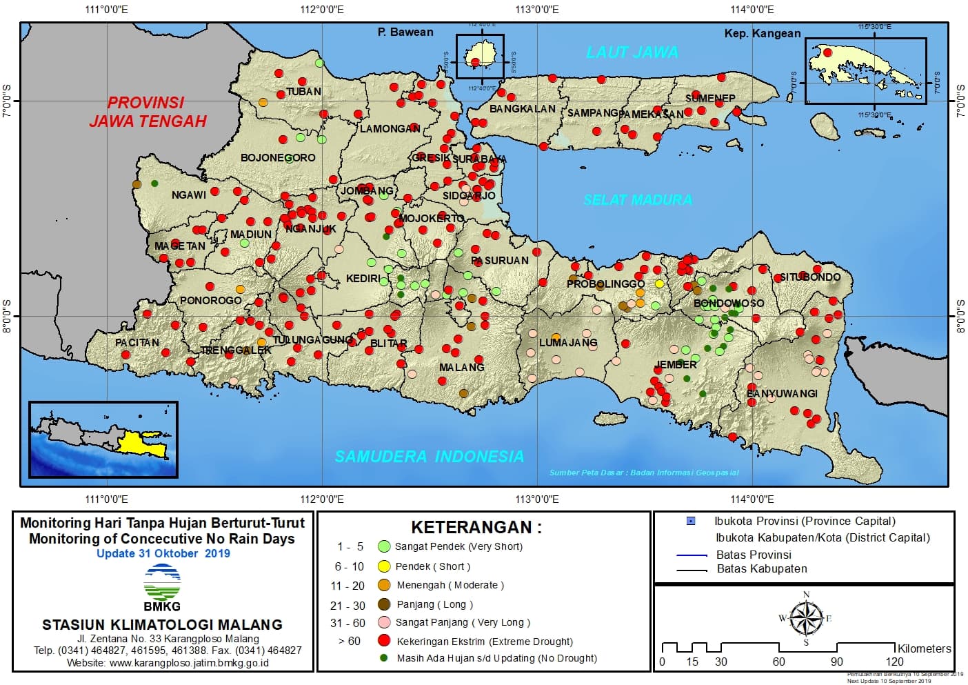 |Analisis - Dasarian| Monitoring Hari Tanpa Hujan Berturut-Turut Update 31 Oktober 2019 di Provinsi Jawa Timur