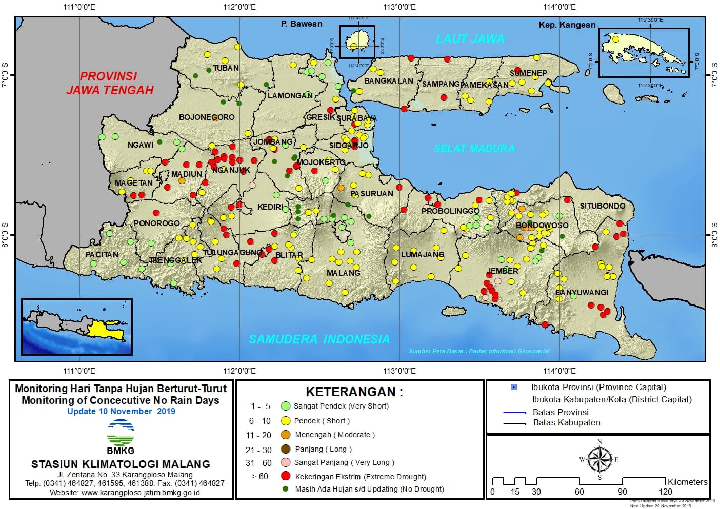 |Analisis - Dasarian| Monitoring Hari Tanpa Hujan Berturut-Turut Update 10 November 2019 di Provinsi Jawa Timur