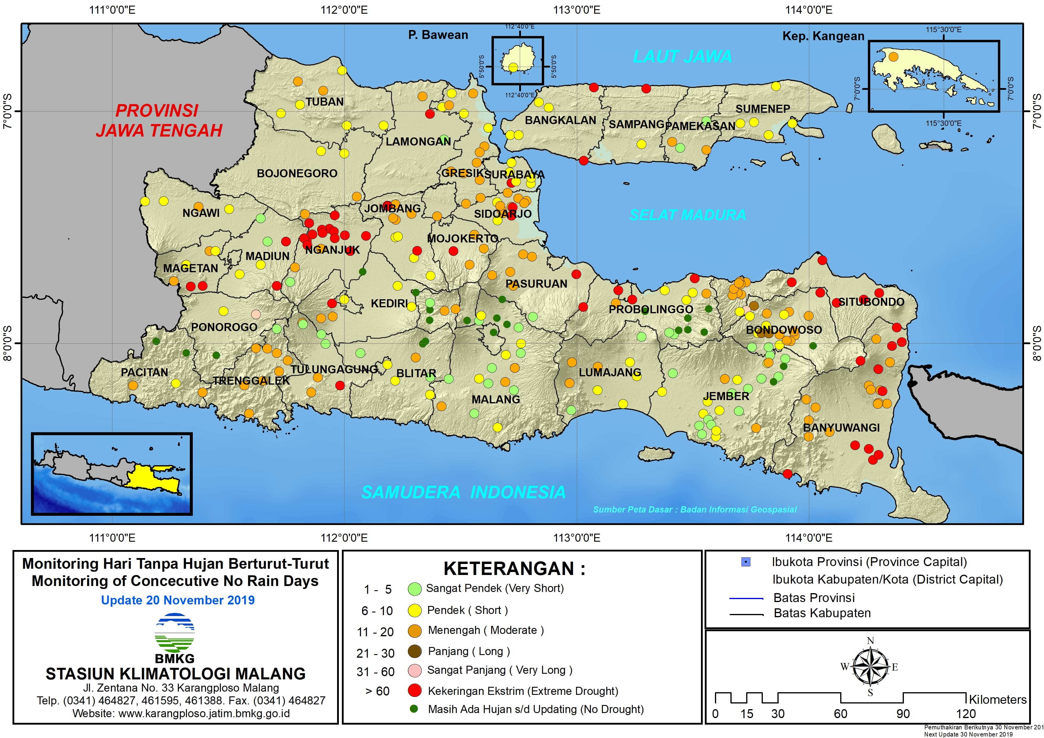 |Analisis - Dasarian| Monitoring Hari Tanpa Hujan Berturut-Turut Update 20 November 2019 di Provinsi Jawa Timur