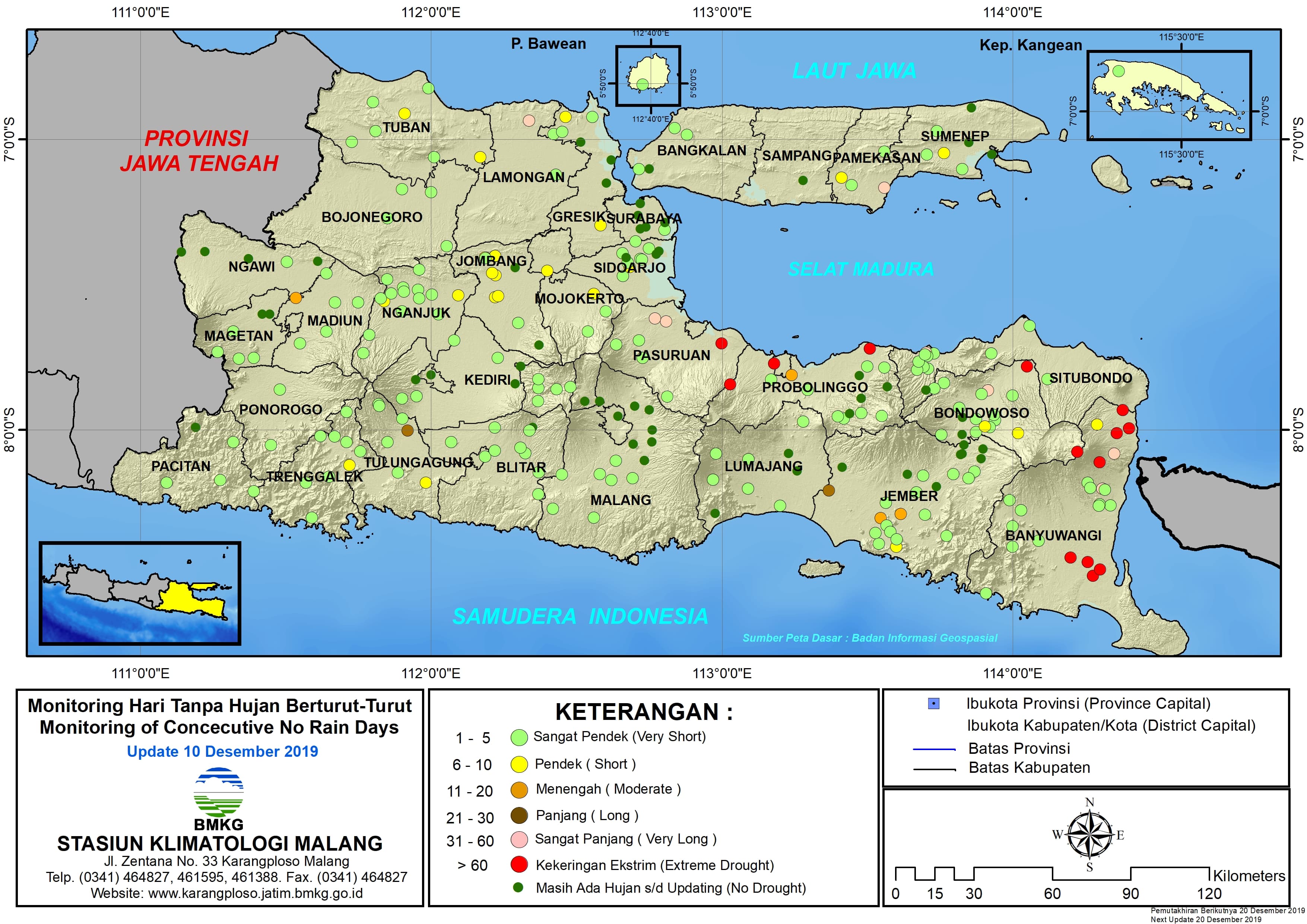 |Analisis - Dasarian| Monitoring Hari Tanpa Hujan Berturut-Turut Update 10 Desember 2019 di Provinsi Jawa Timur