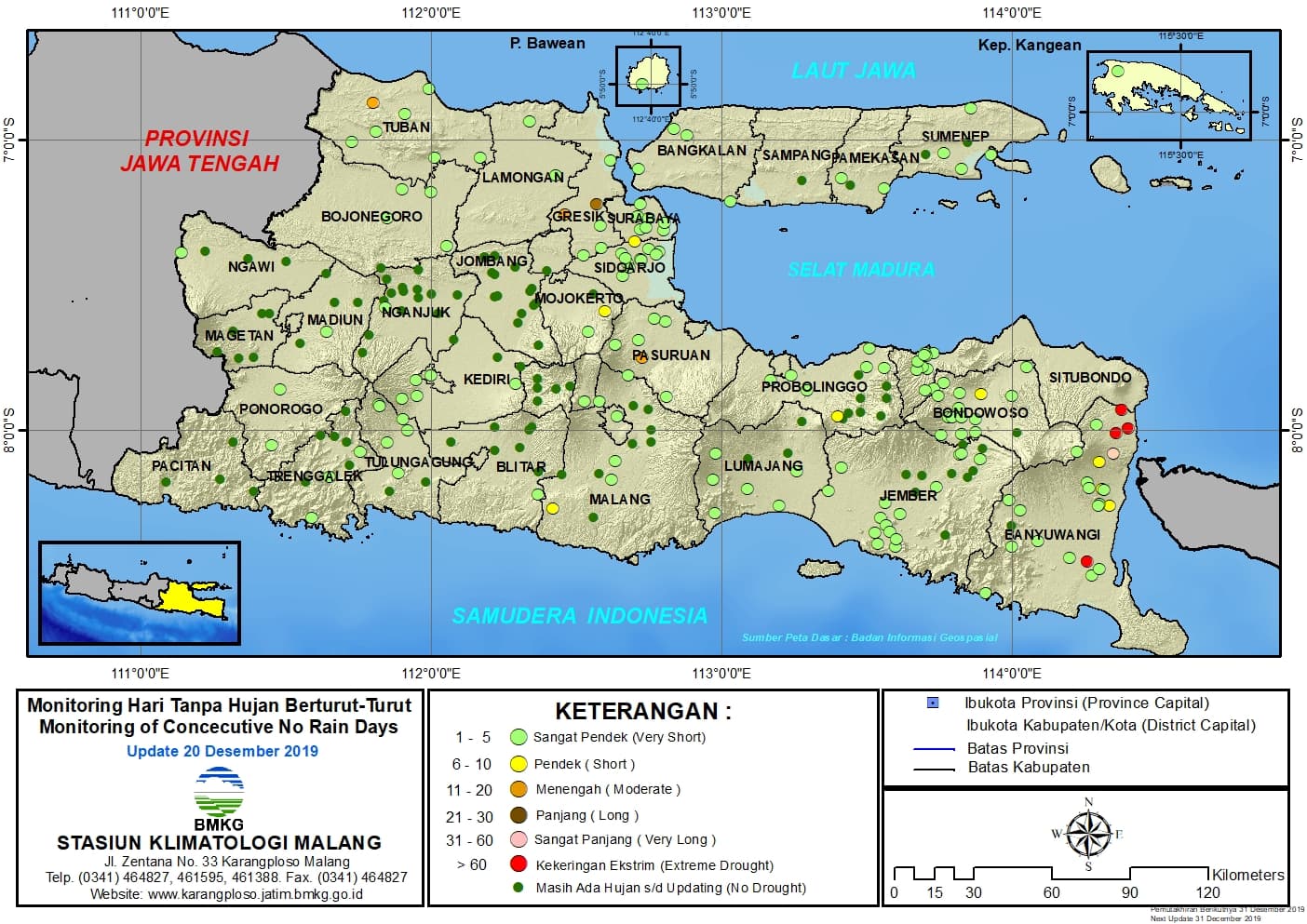 |Analisis - Dasarian| Monitoring Hari Tanpa Hujan Berturut-Turut Update 20 Desember 2019 di Provinsi Jawa Timur