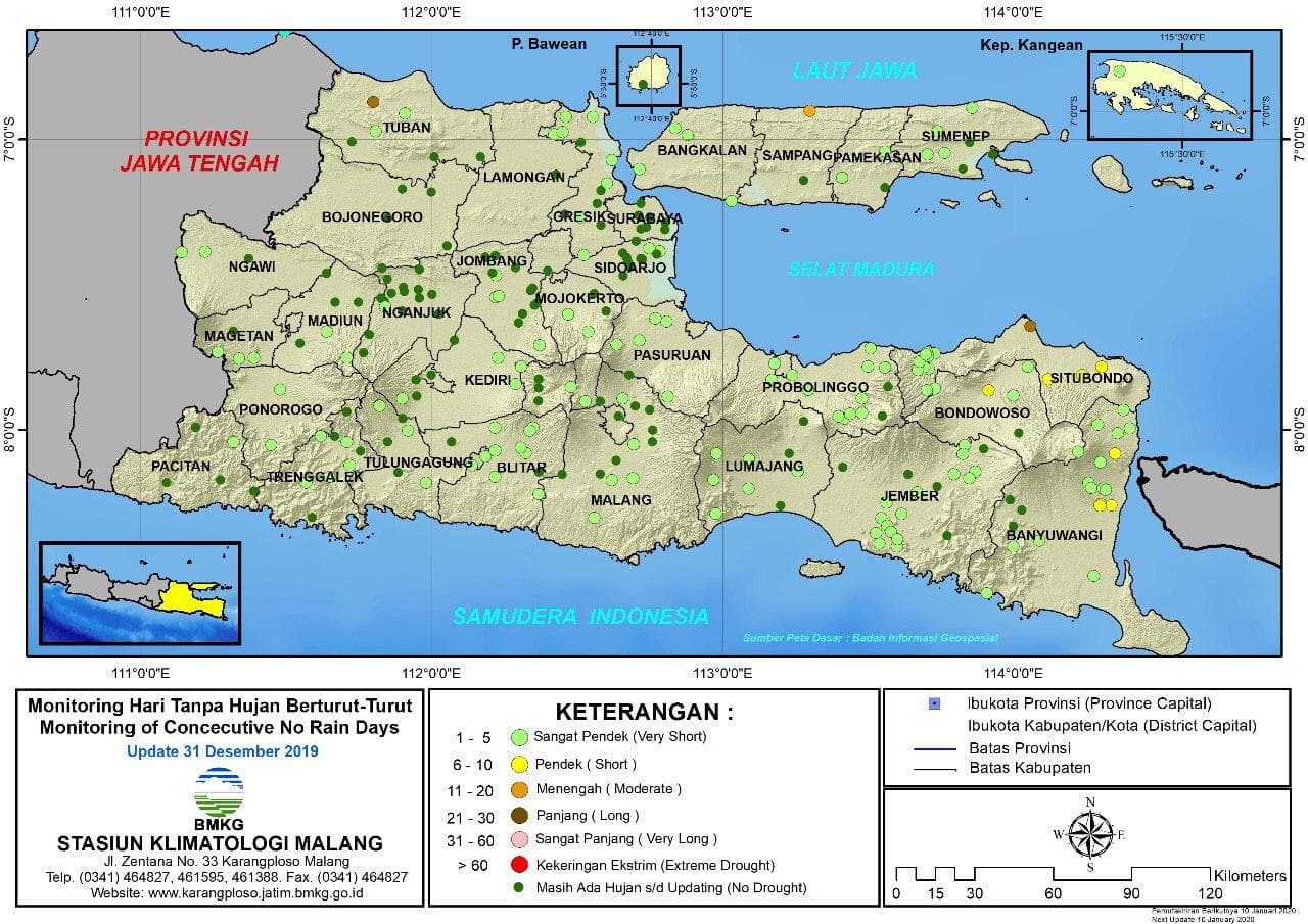|Analisis - Dasarian| Monitoring Hari Tanpa Hujan Berturut-Turut Update 31 Desember 2019 di Provinsi Jawa Timur